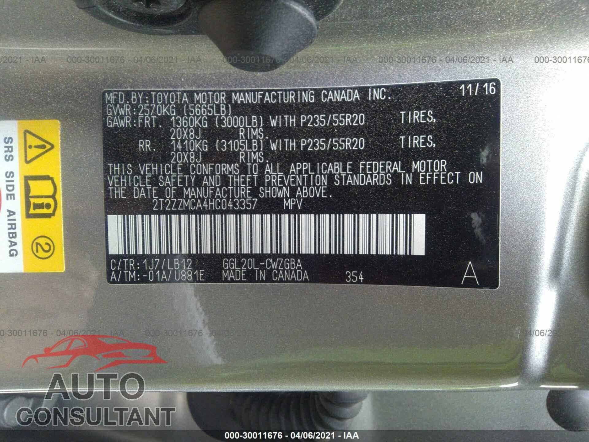 LEXUS RX 2017 - 2T2ZZMCA4HC043357