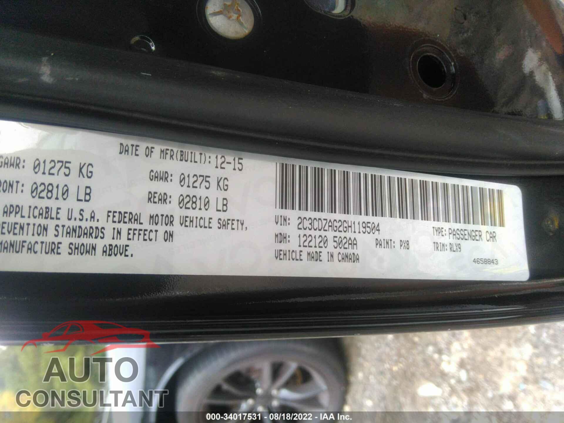 DODGE CHALLENGER 2016 - 2C3CDZAG2GH119504