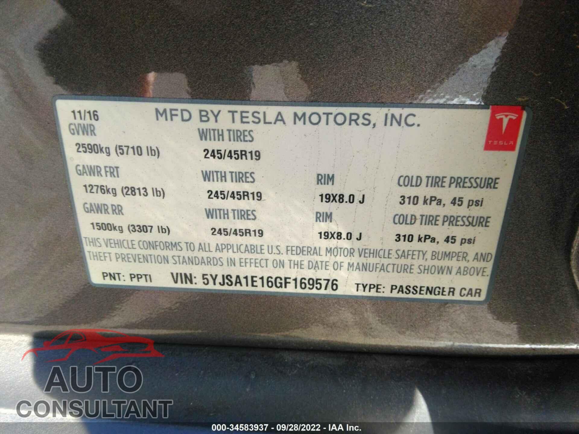 TESLA MODEL S 2016 - 5YJSA1E16GF169576