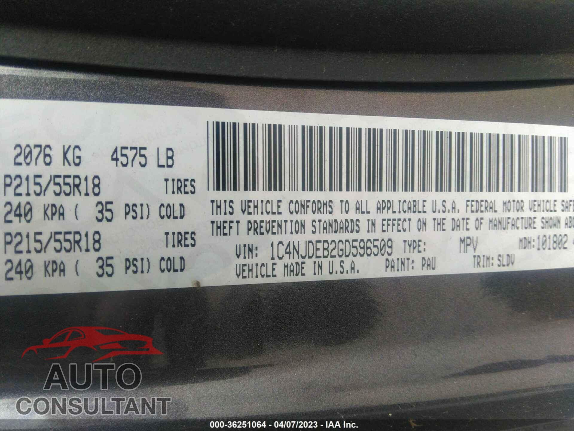 JEEP COMPASS 2016 - 1C4NJDEB2GD596509