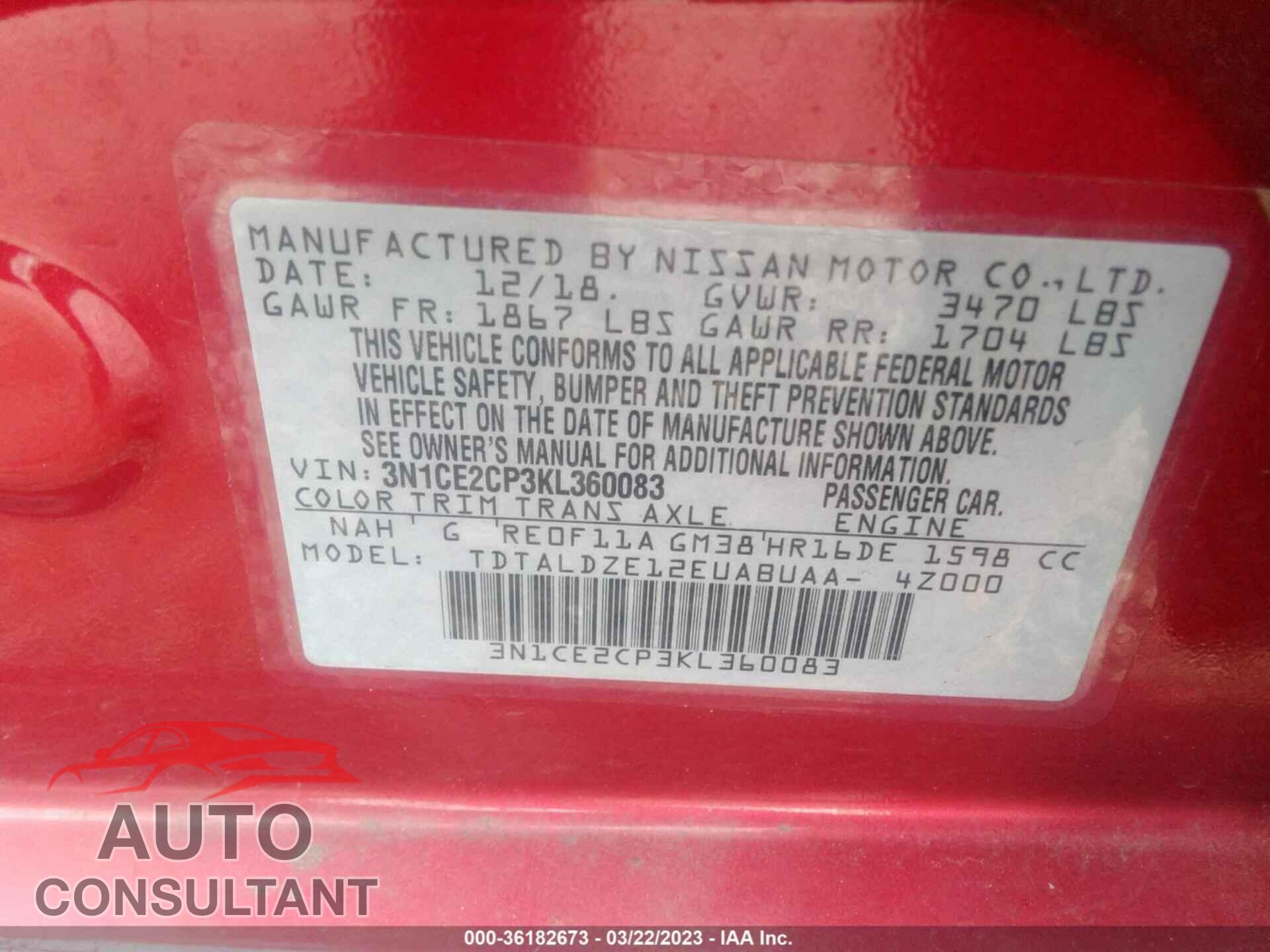 NISSAN VERSA NOTE 2019 - 3N1CE2CP3KL360083