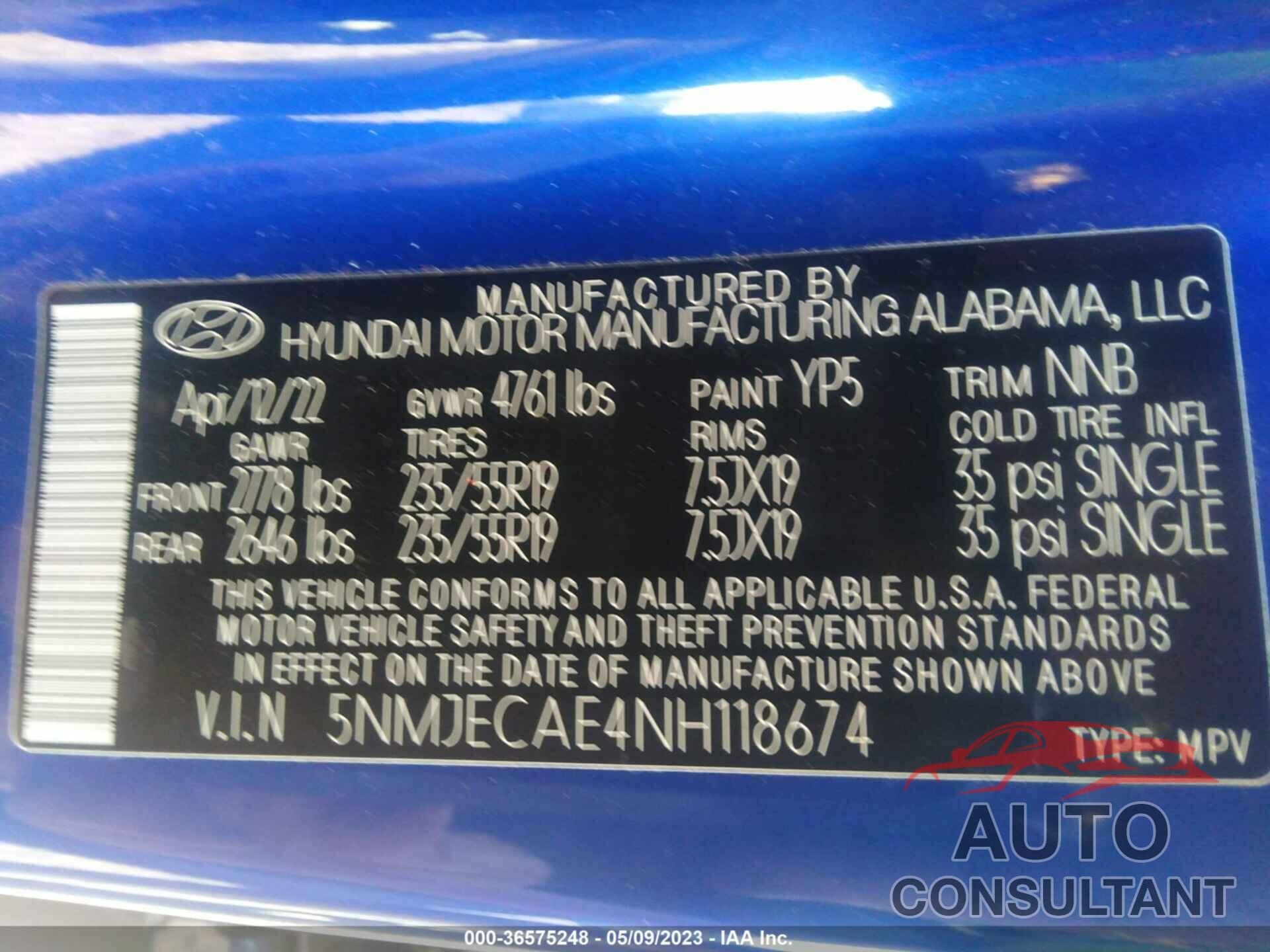 HYUNDAI TUCSON 2022 - 5NMJECAE4NH118674