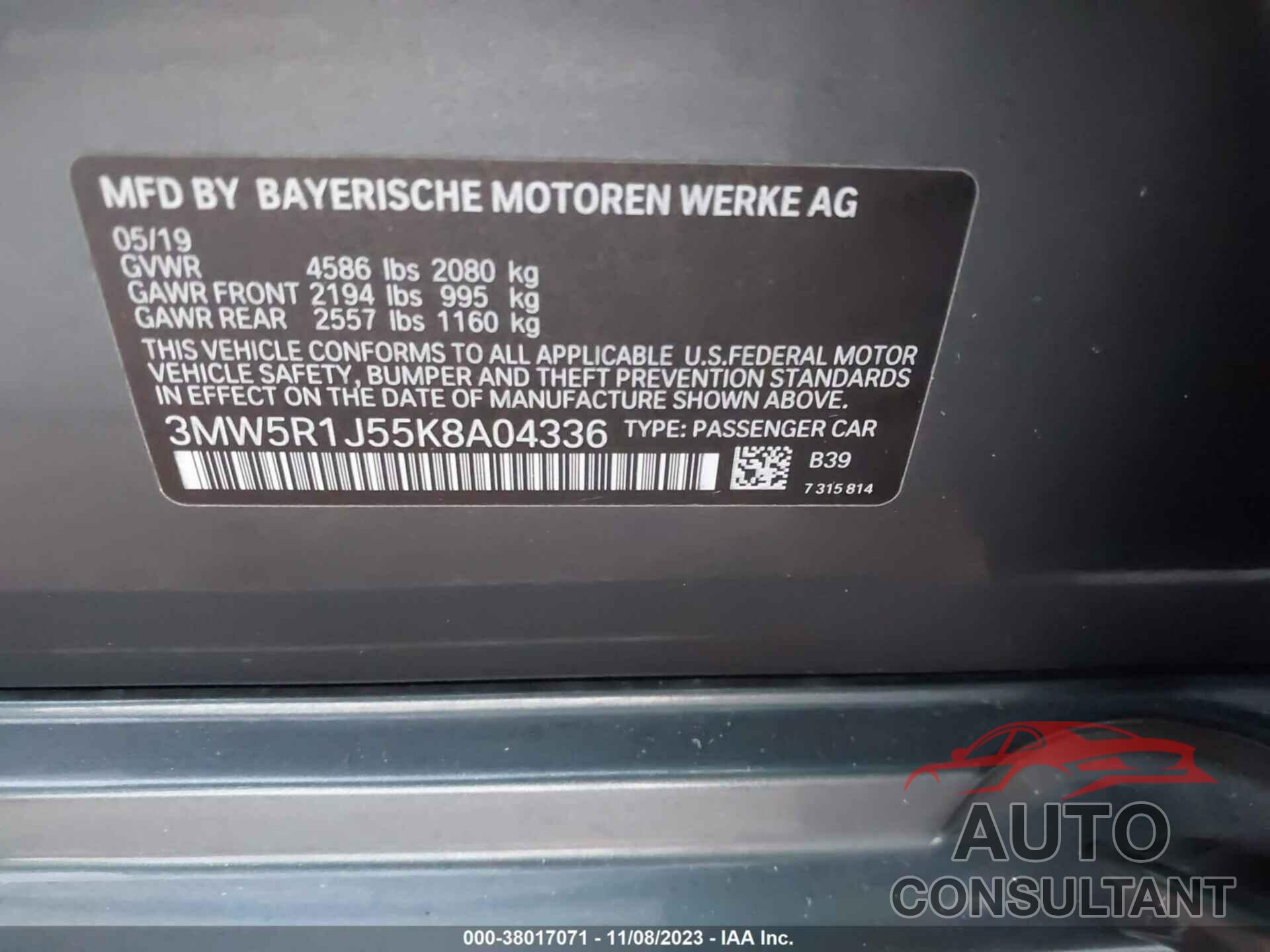 BMW 330I 2019 - 3MW5R1J55K8A04336