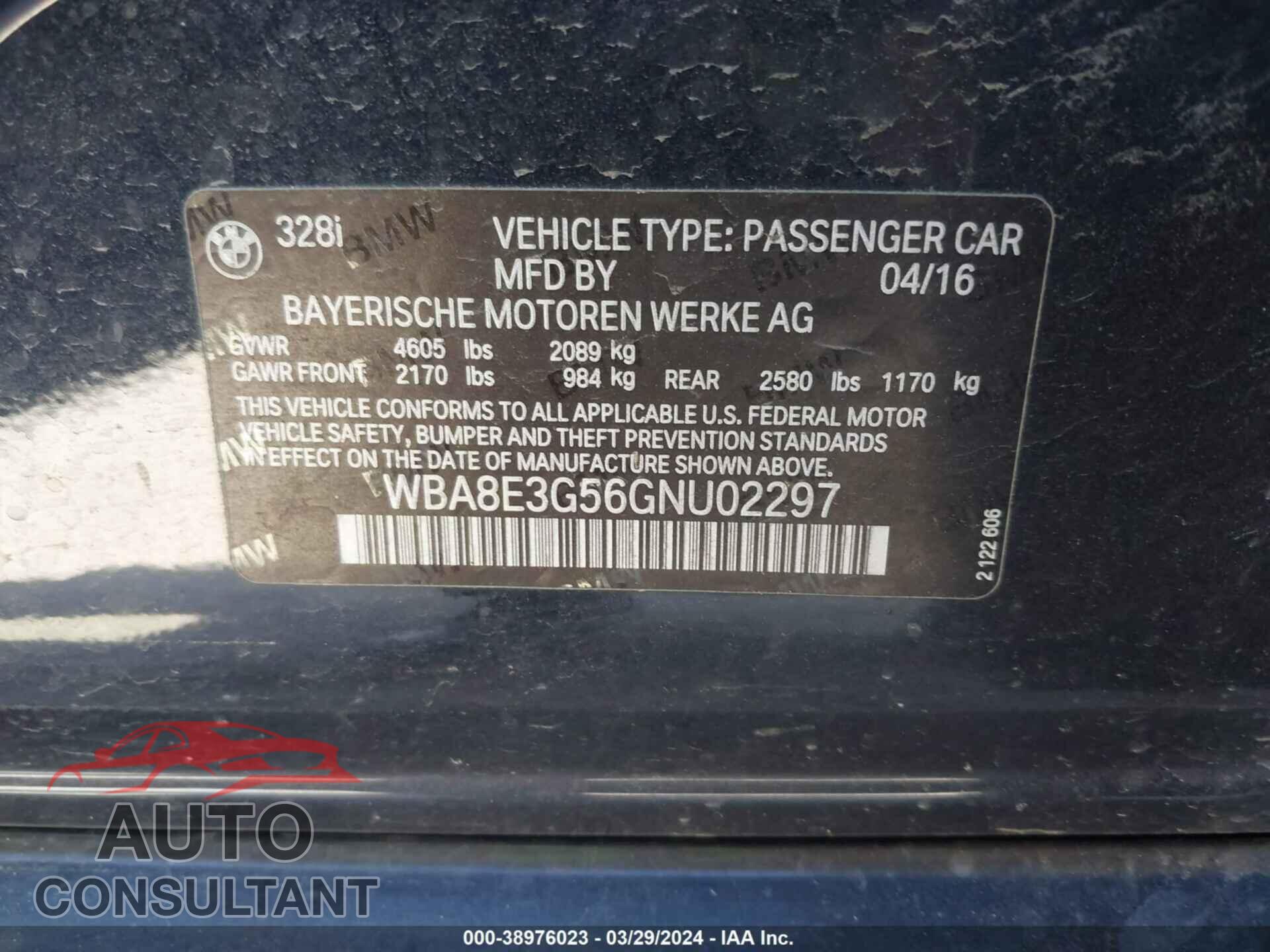 BMW 328I 2016 - WBA8E3G56GNU02297