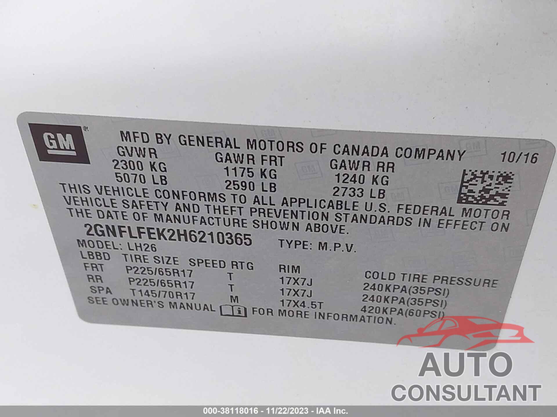 CHEVROLET EQUINOX 2017 - 2GNFLFEK2H6210365