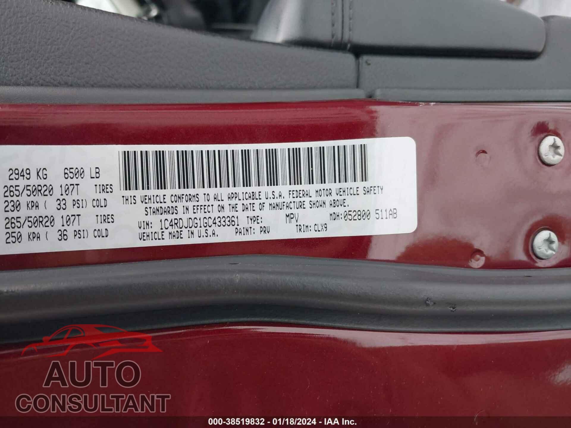 DODGE DURANGO 2016 - 1C4RDJDG1GC433361