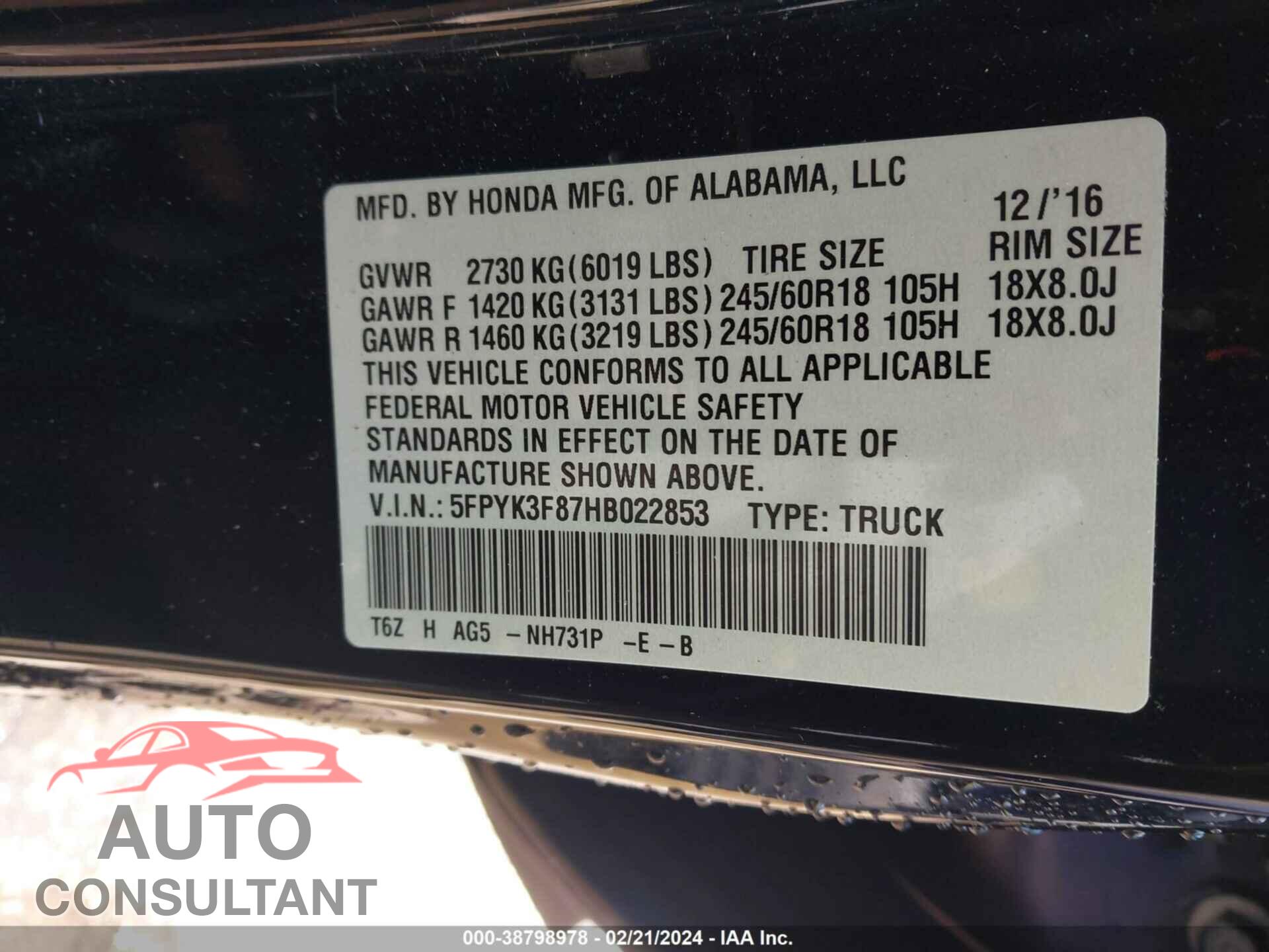HONDA RIDGELINE 2017 - 5FPYK3F87HB022853