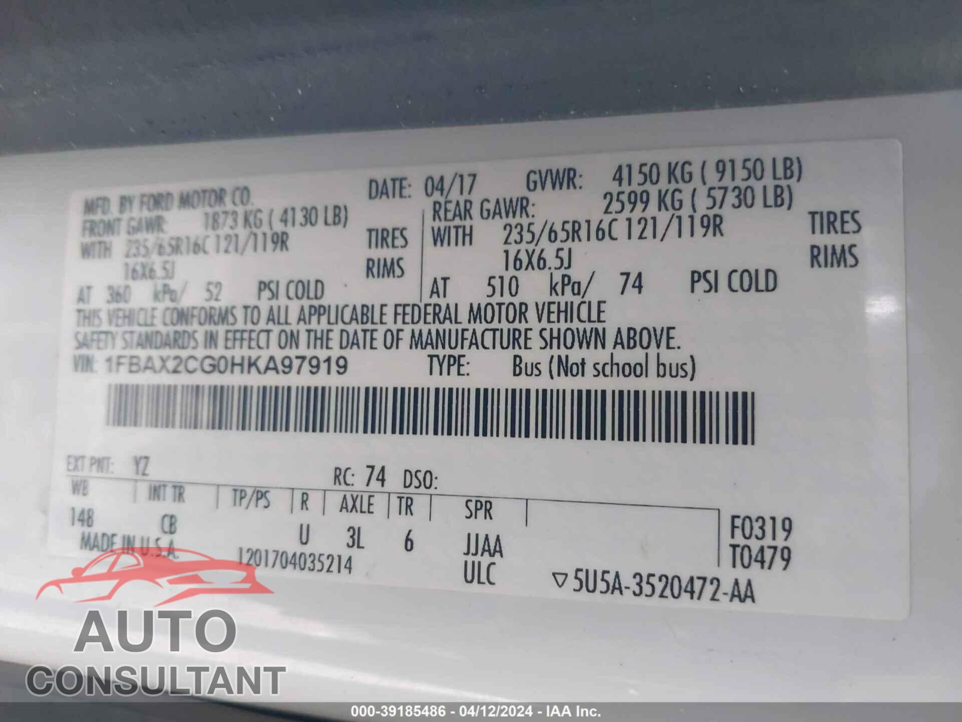 FORD TRANSIT-350 2017 - 1FBAX2CG0HKA97919