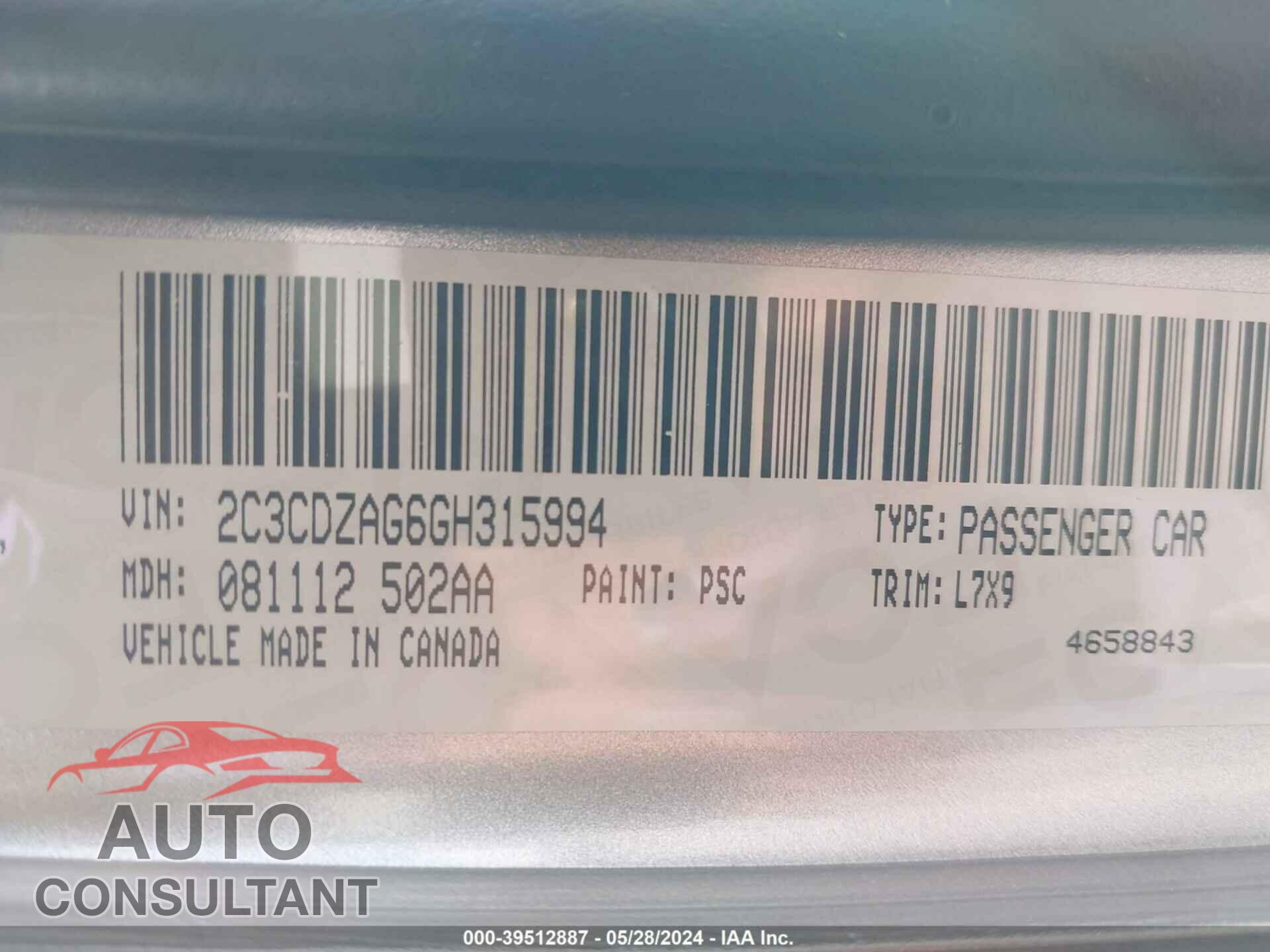 DODGE CHALLENGER 2016 - 2C3CDZAG6GH315994