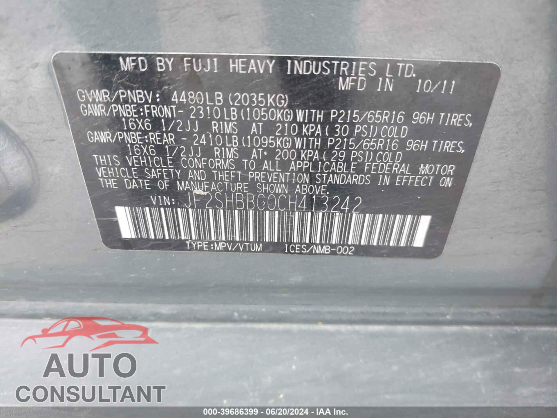 SUBARU FORESTER 2012 - JF2SHBBC0CH413242