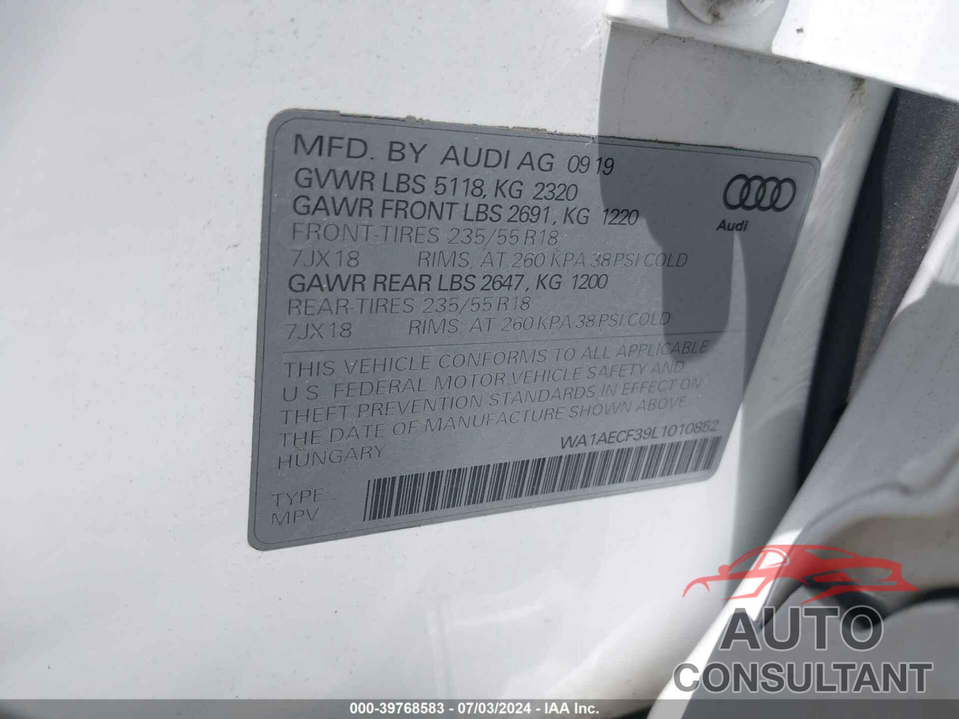 AUDI Q3 2020 - WA1AECF39L1010852