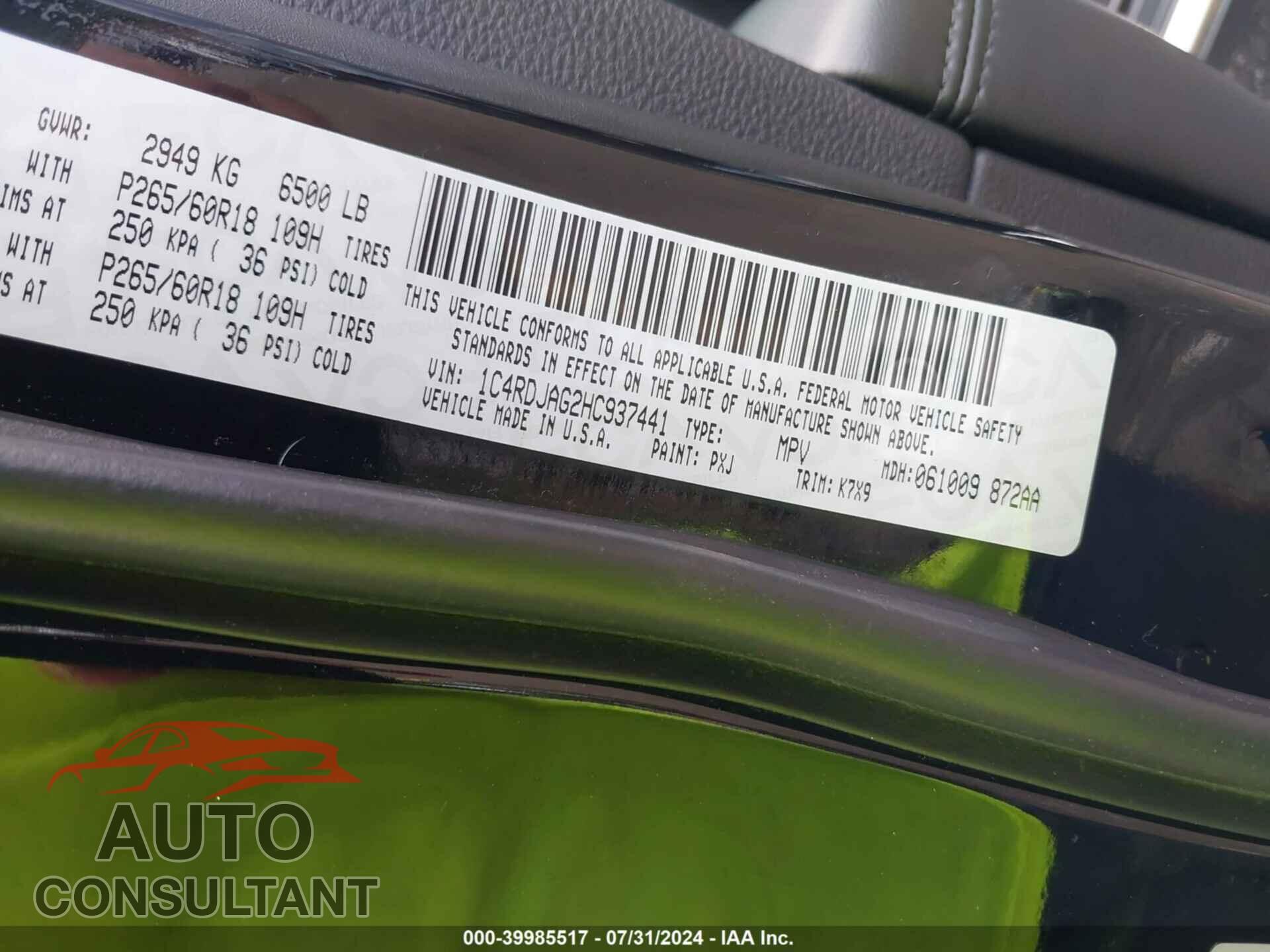 DODGE DURANGO 2017 - 1C4RDJAG2HC937441
