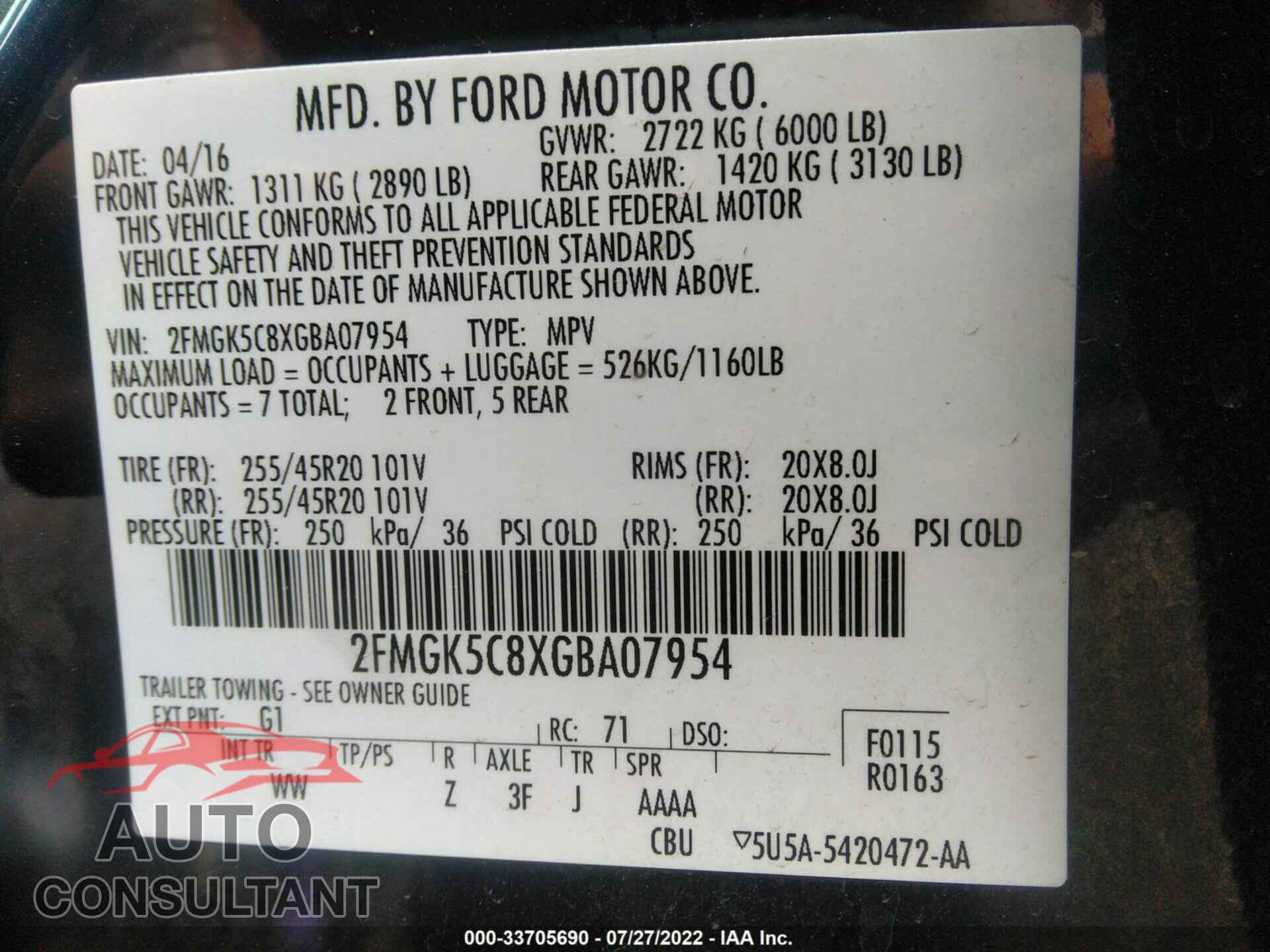 FORD FLEX 2016 - 2FMGK5C8XGBA07954