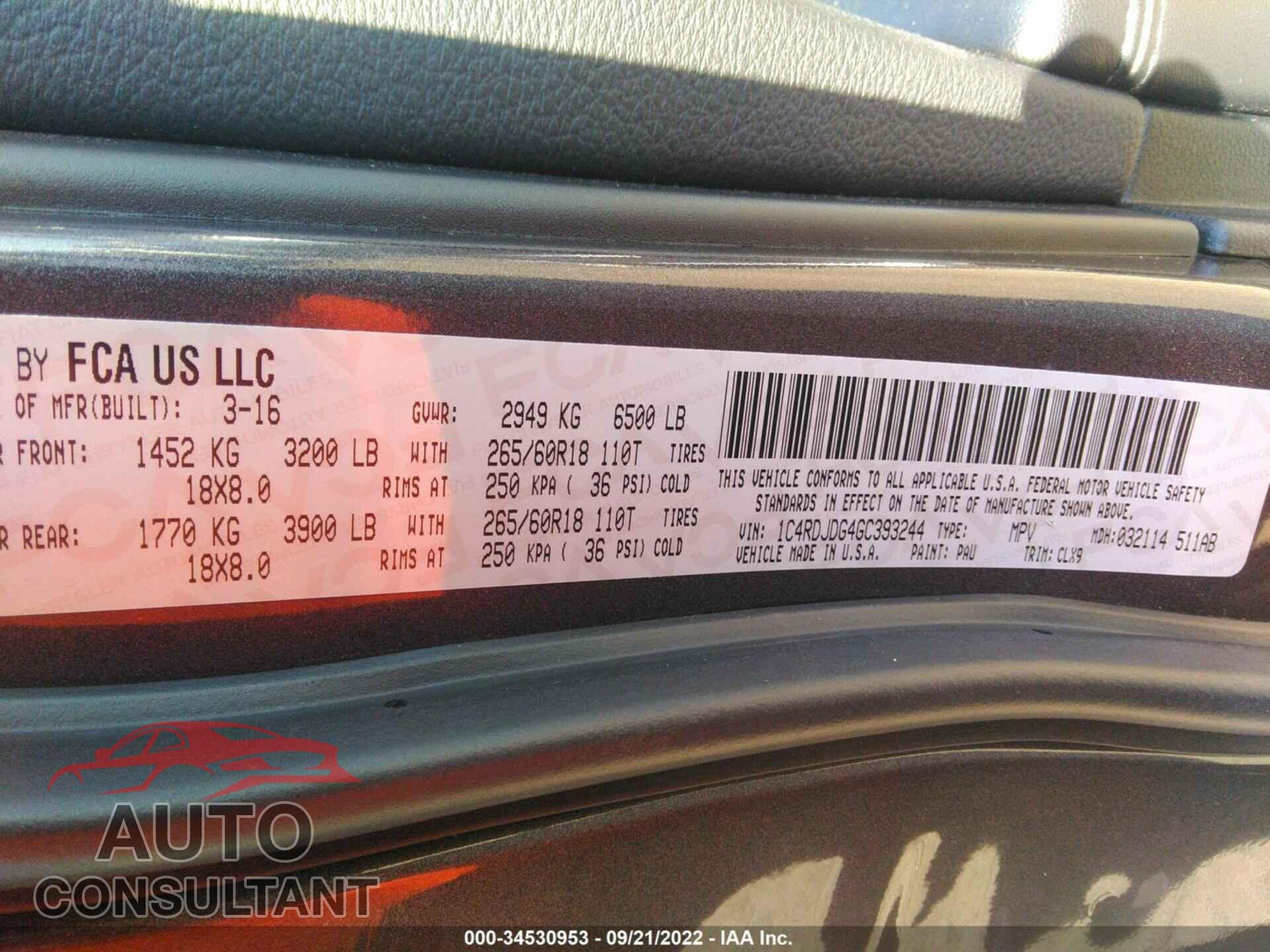 DODGE DURANGO 2016 - 1C4RDJDG4GC393244