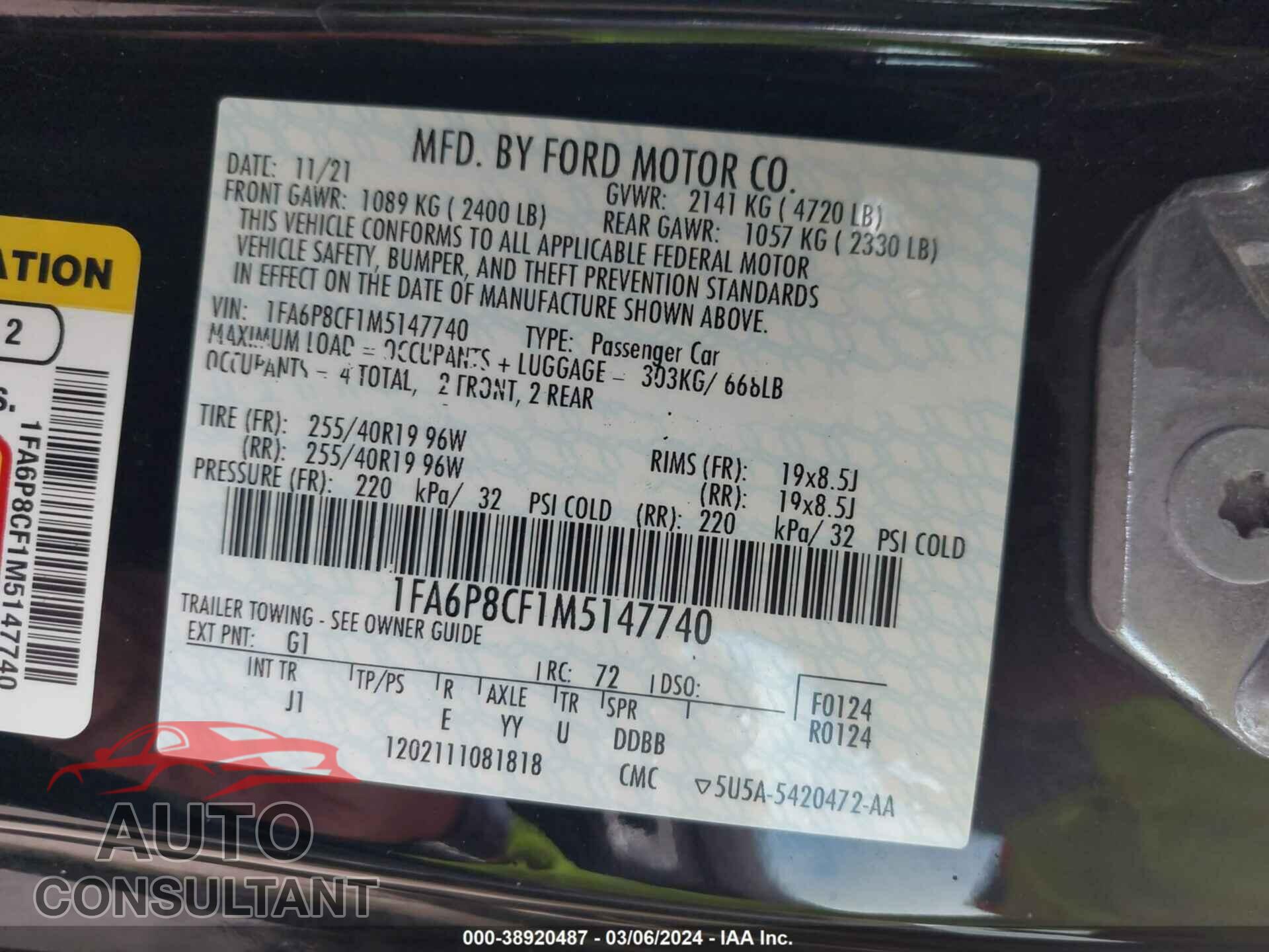 FORD MUSTANG 2021 - 1FA6P8CF1M5147740