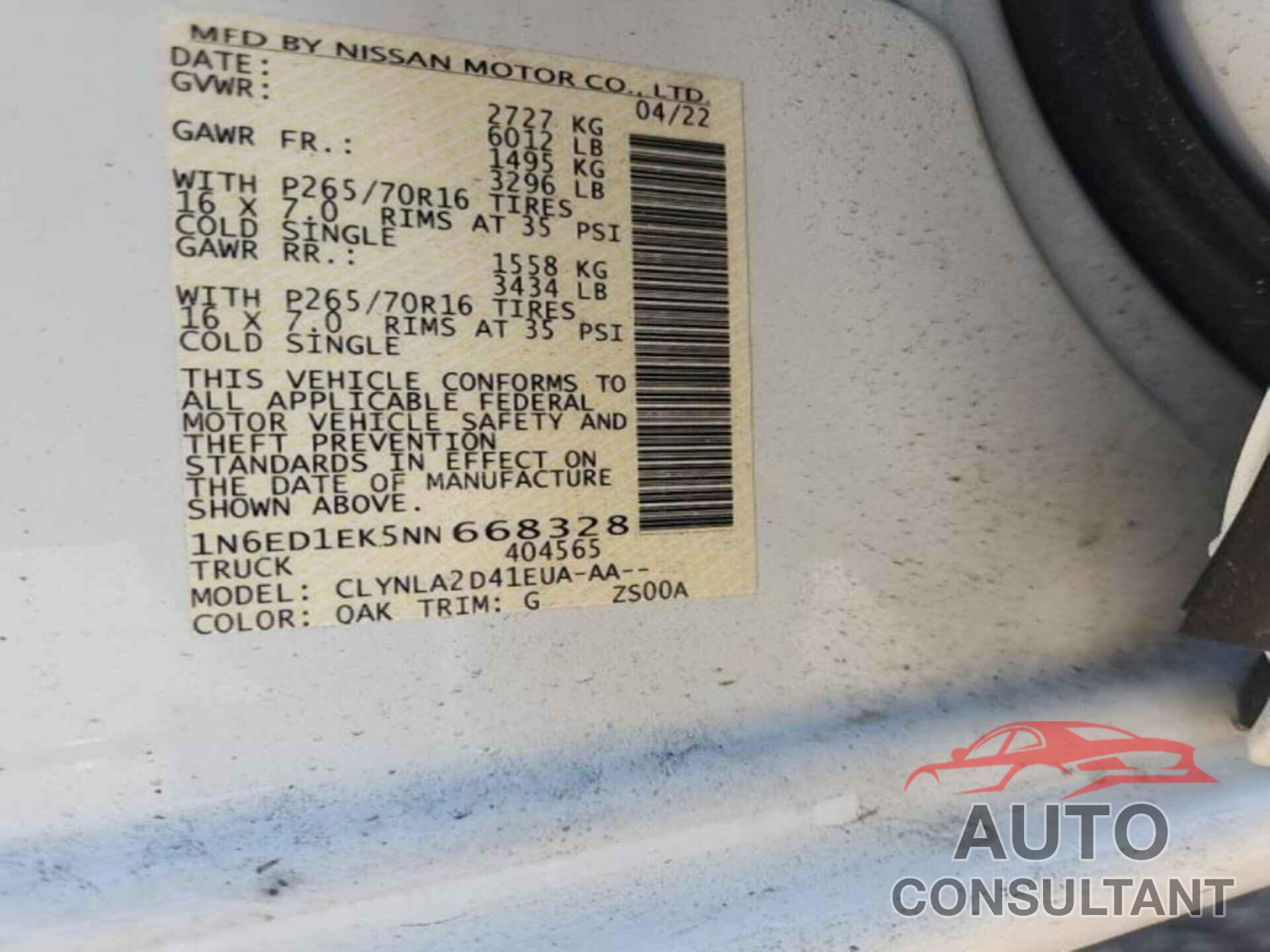 NISSAN FRONTIER 2022 - 1N6ED1EK5NN668328