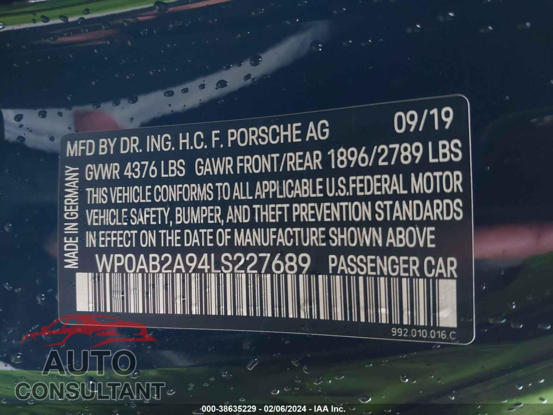 PORSCHE 911 2020 - WP0AB2A94LS227689