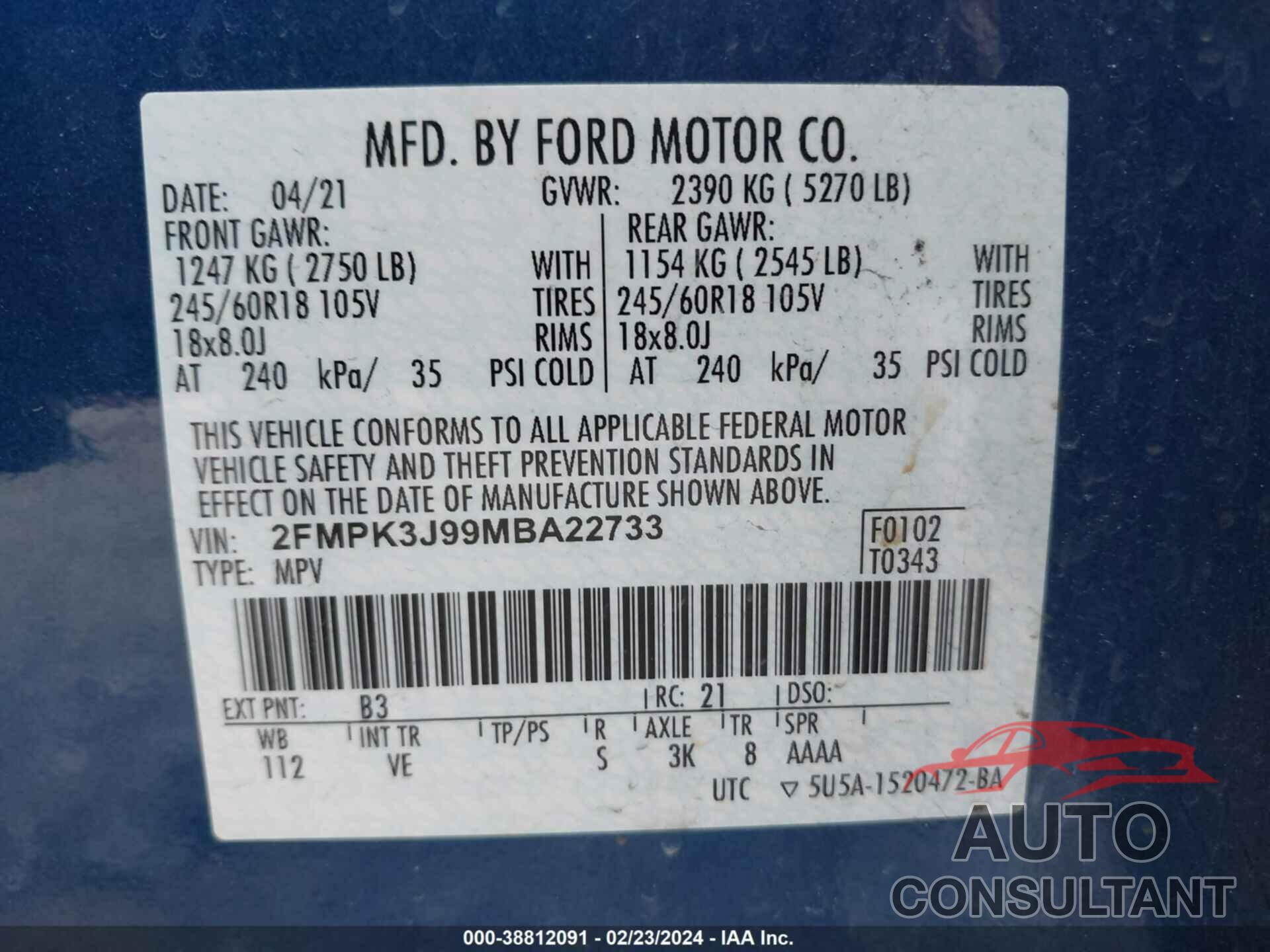 FORD EDGE 2021 - 2FMPK3J99MBA22733