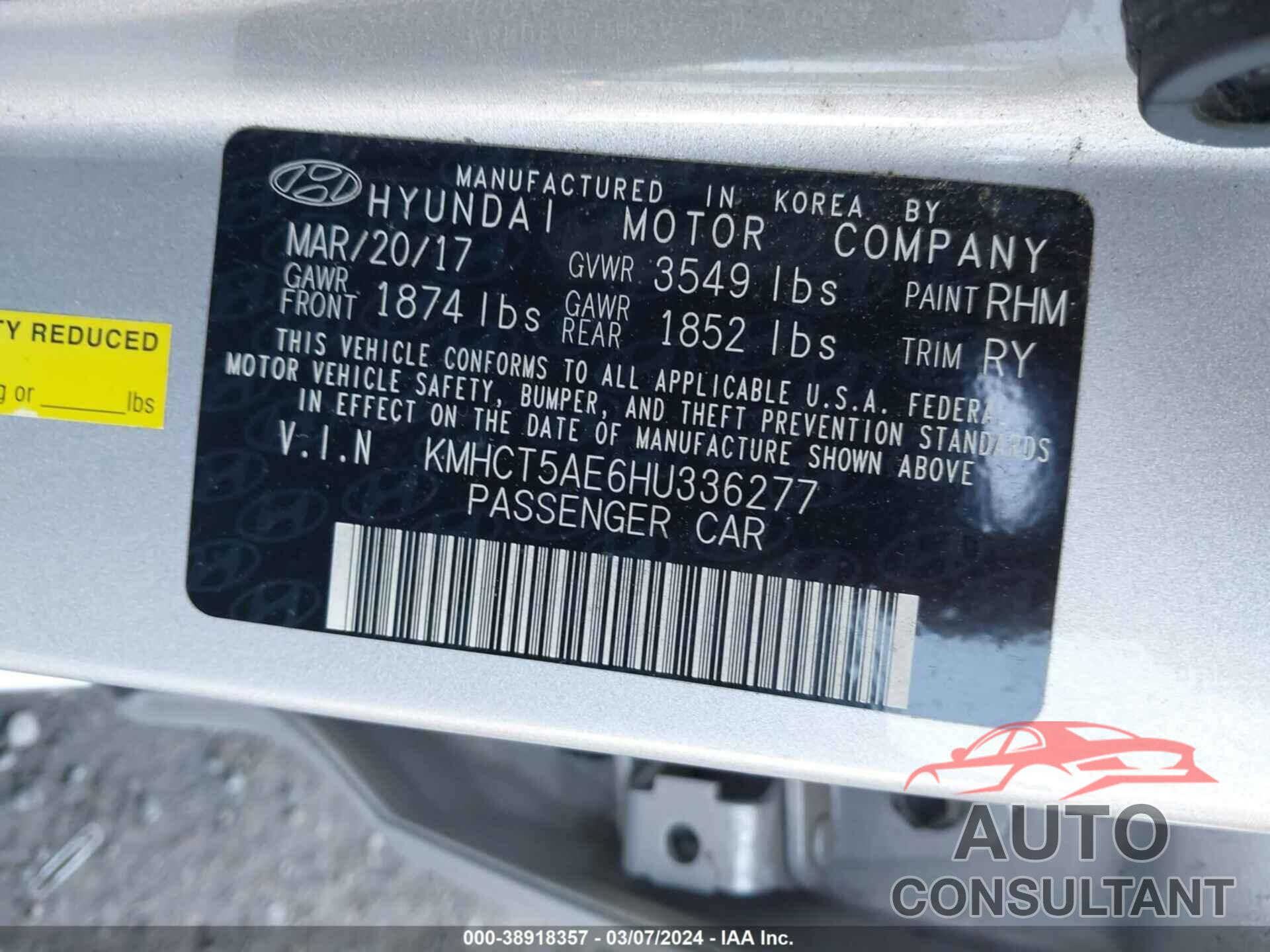 HYUNDAI ACCENT 2017 - KMHCT5AE6HU336277