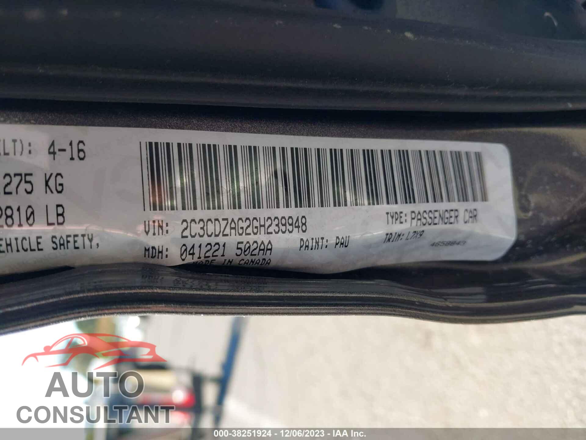 DODGE CHALLENGER 2016 - 2C3CDZAG2GH239948
