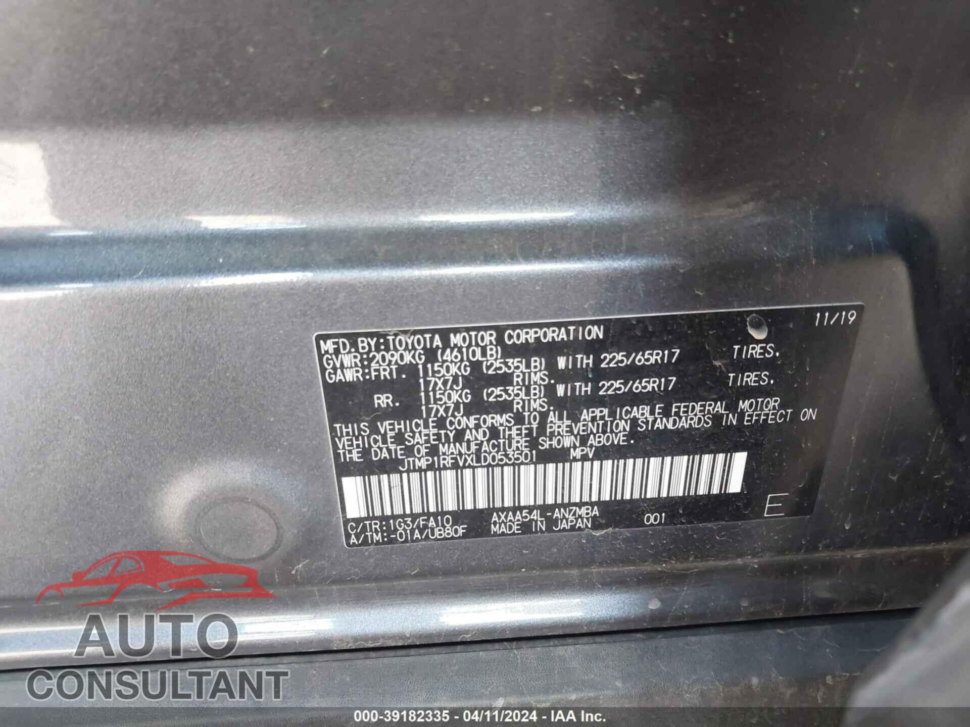TOYOTA RAV4 2020 - JTMP1RFVXLD053501