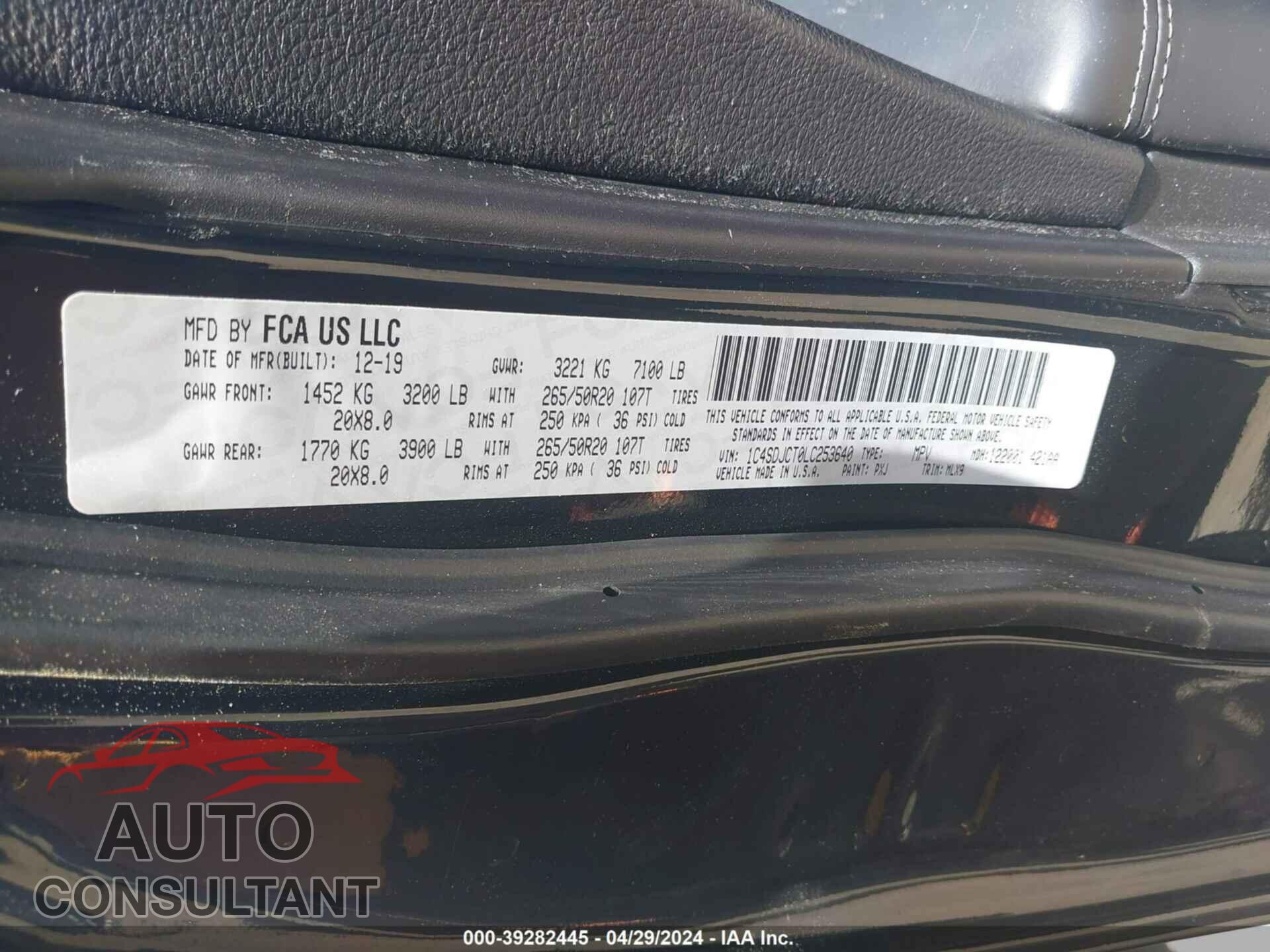 DODGE DURANGO 2020 - 1C4SDJCT0LC253640