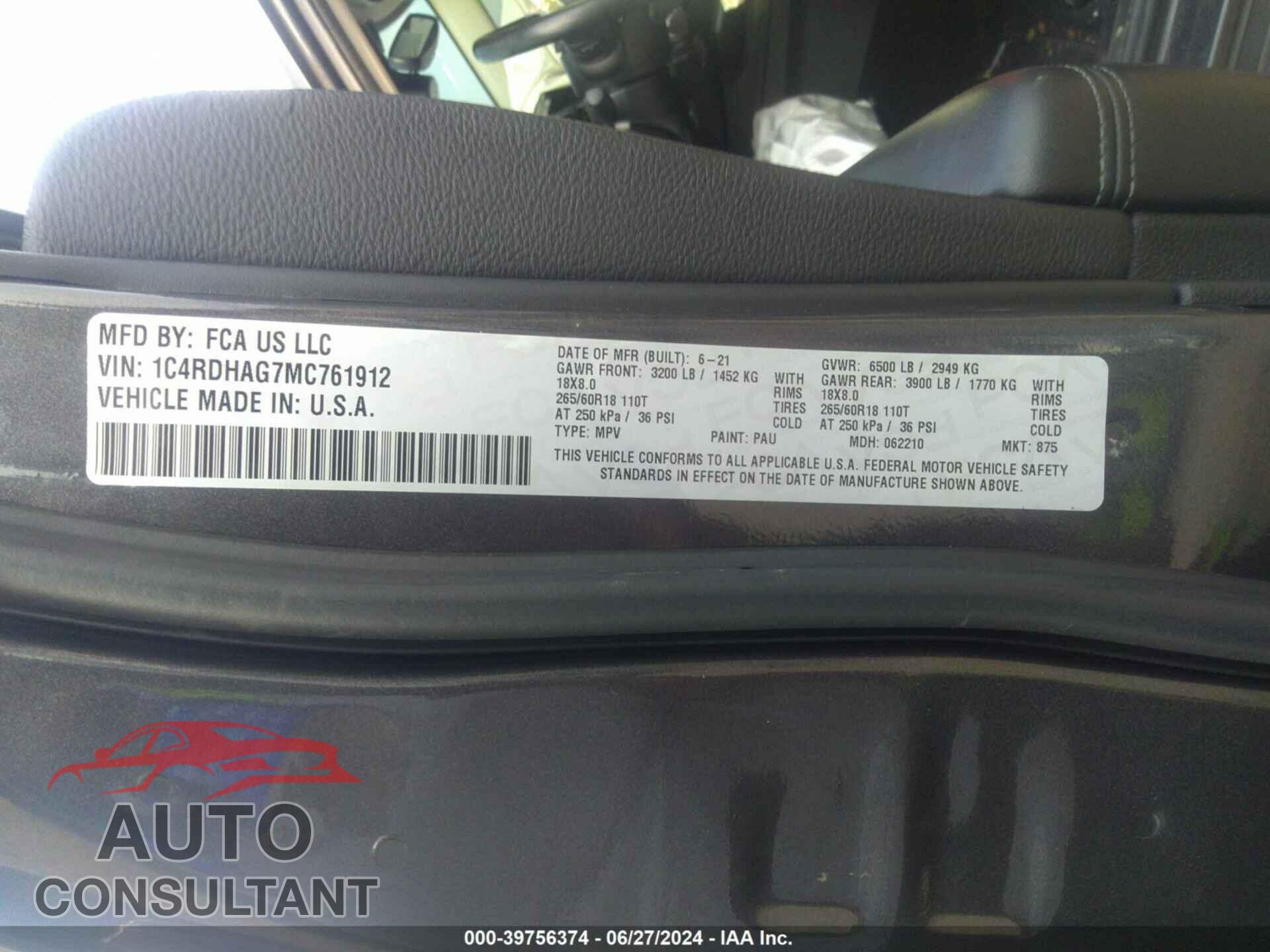 DODGE DURANGO 2021 - 1C4RDHAG7MC761912
