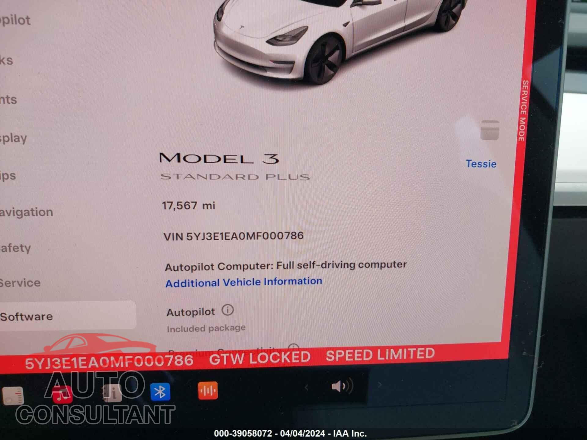 TESLA MODEL 3 2021 - 5YJ3E1EA0MF000786