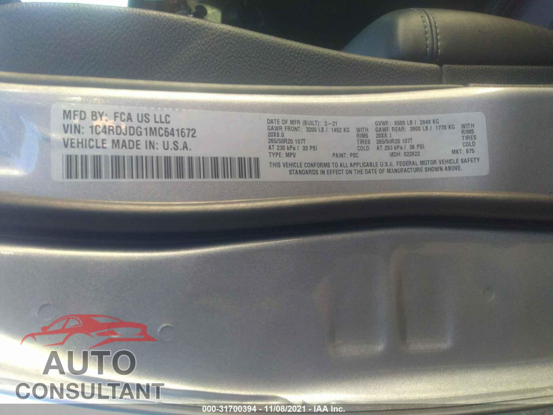 DODGE DURANGO 2021 - 1C4RDJDG1MC641672
