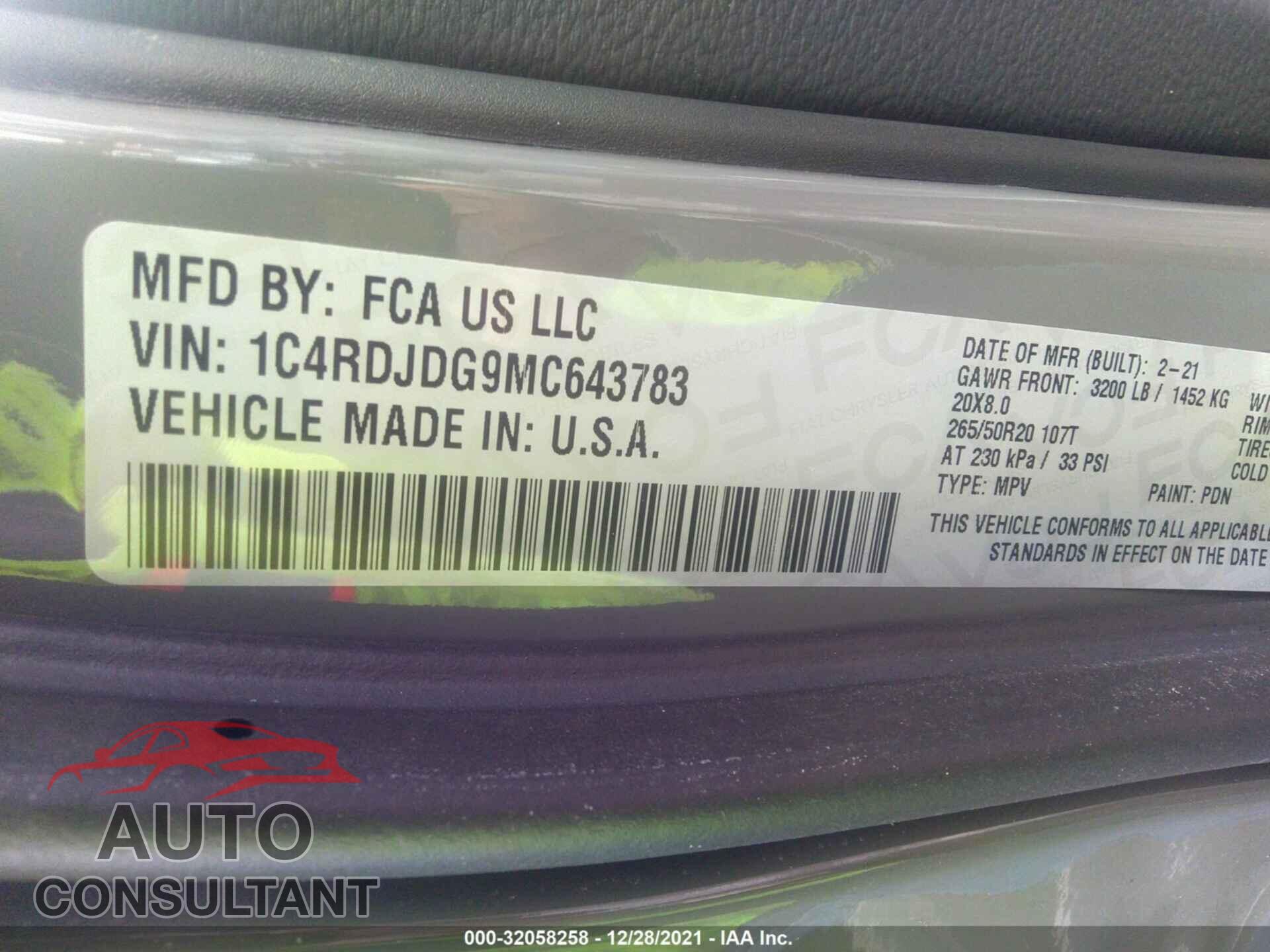 DODGE DURANGO 2021 - 1C4RDJDG9MC643783