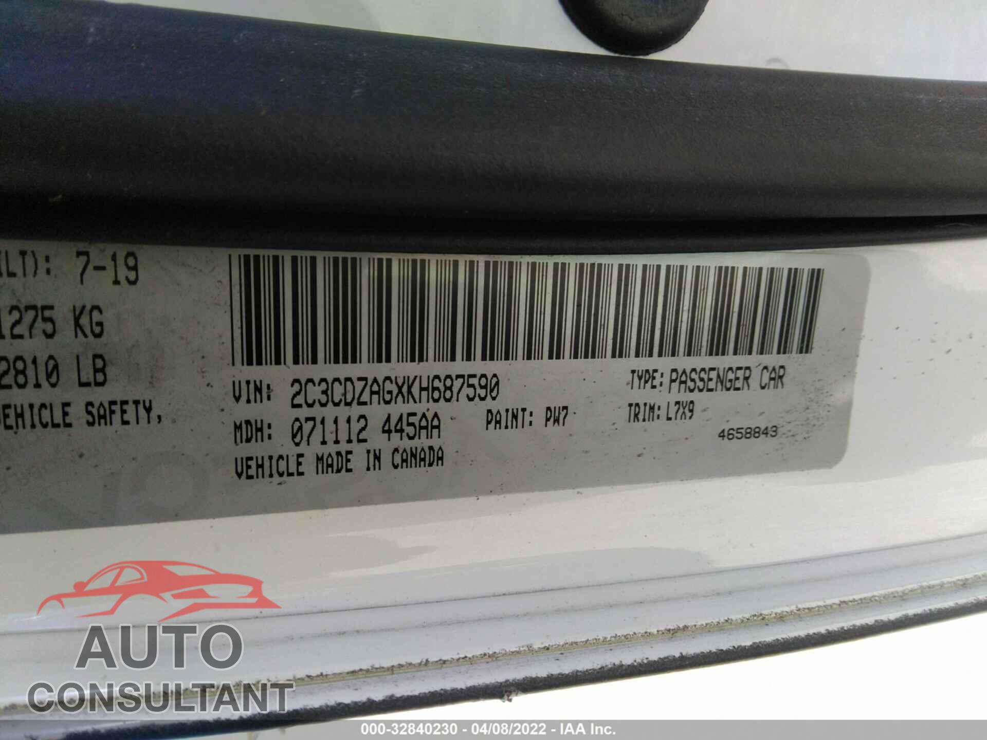 DODGE CHALLENGER 2019 - 2C3CDZAGXKH687590