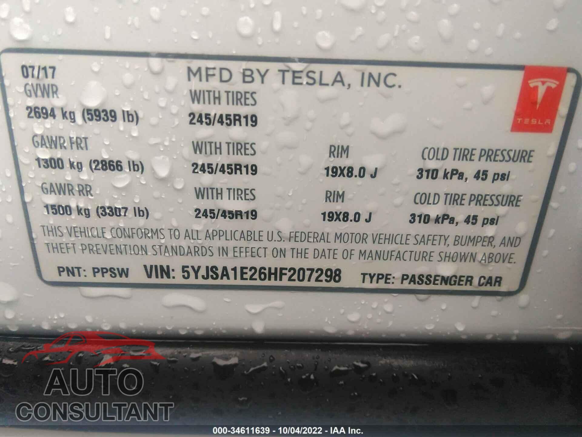 TESLA MODEL S 2017 - 5YJSA1E26HF207298