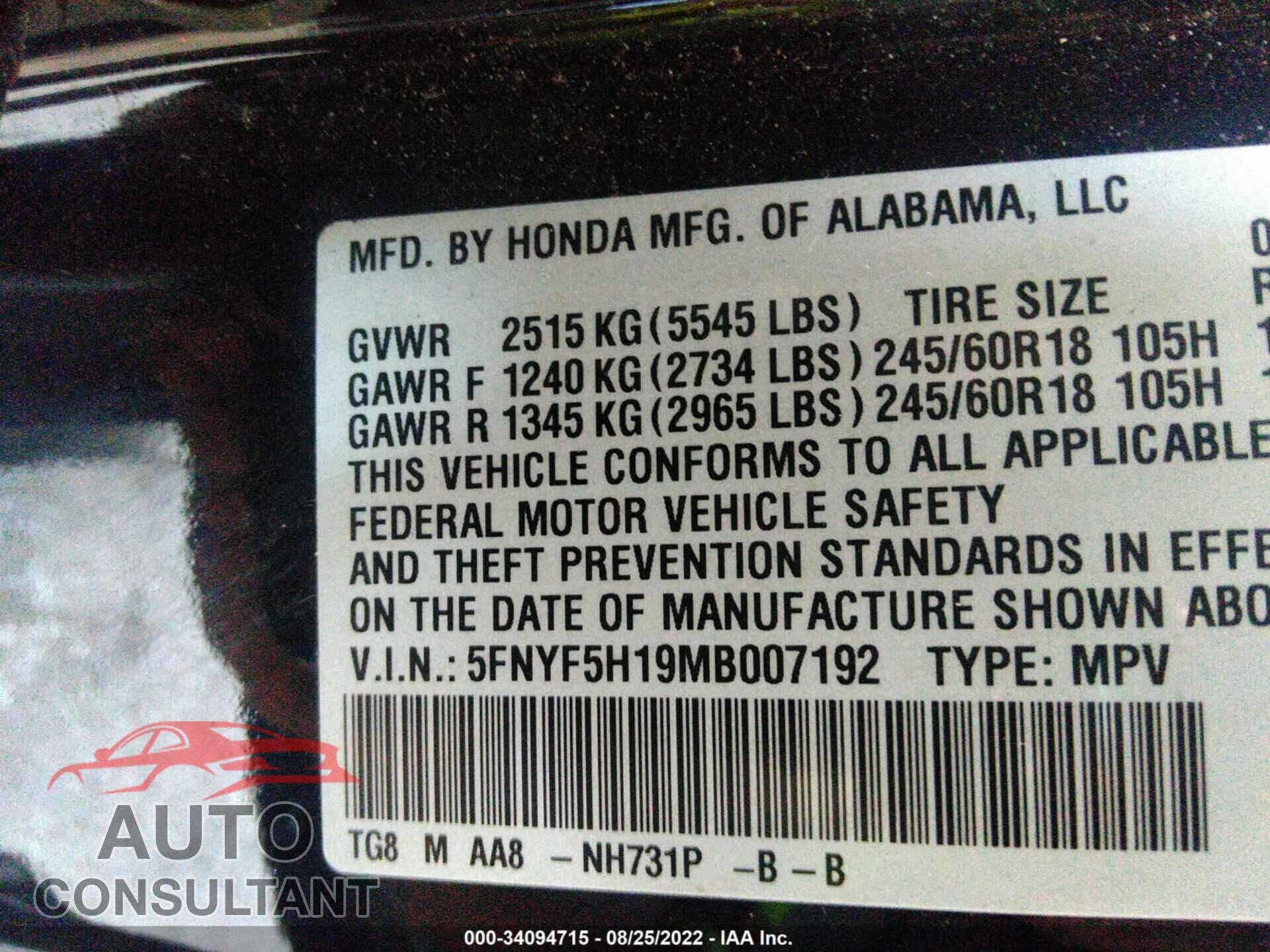 HONDA PILOT 2021 - 5FNYF5H19MB007192