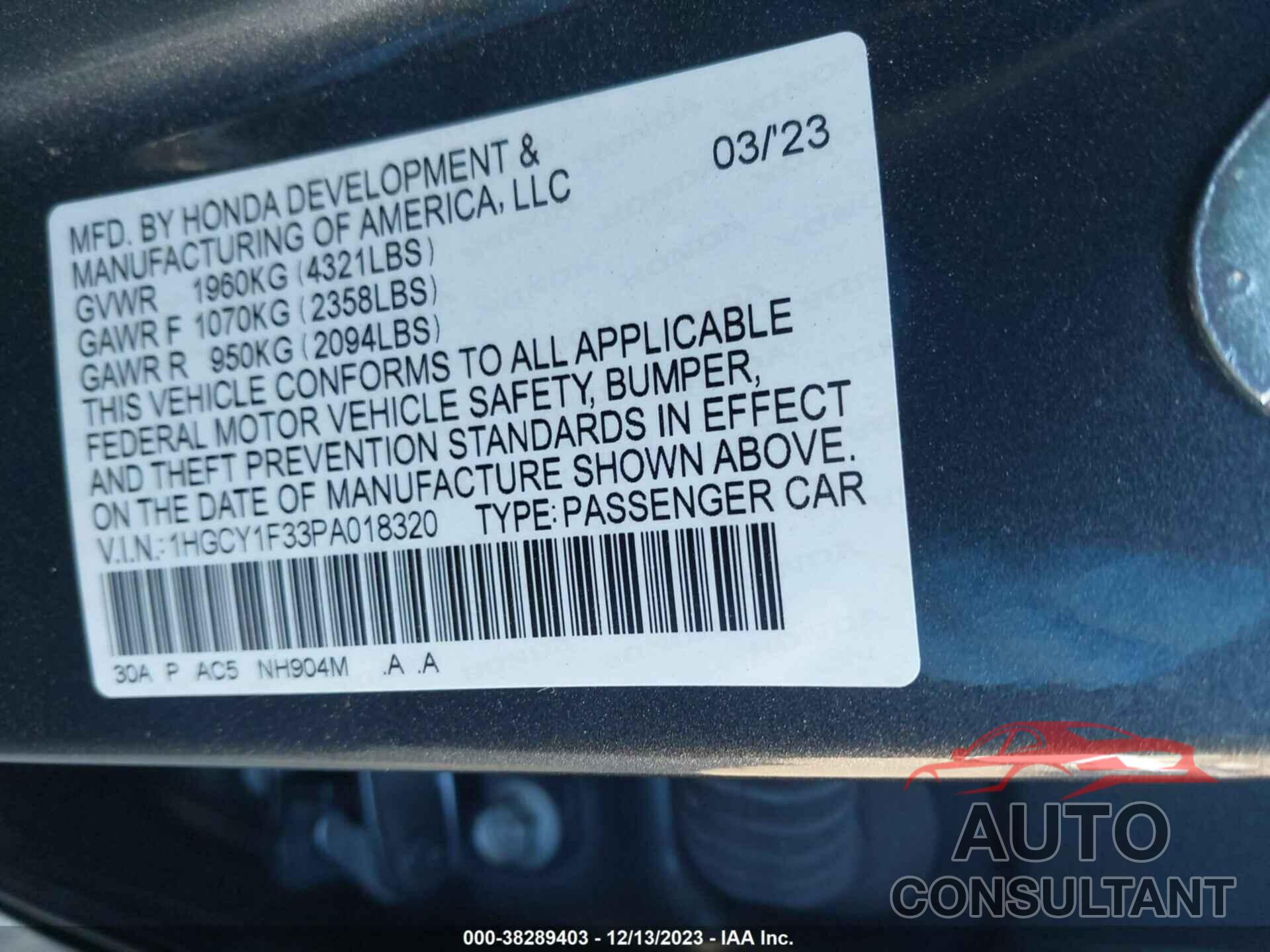 HONDA ACCORD 2023 - 1HGCY1F33PA018320