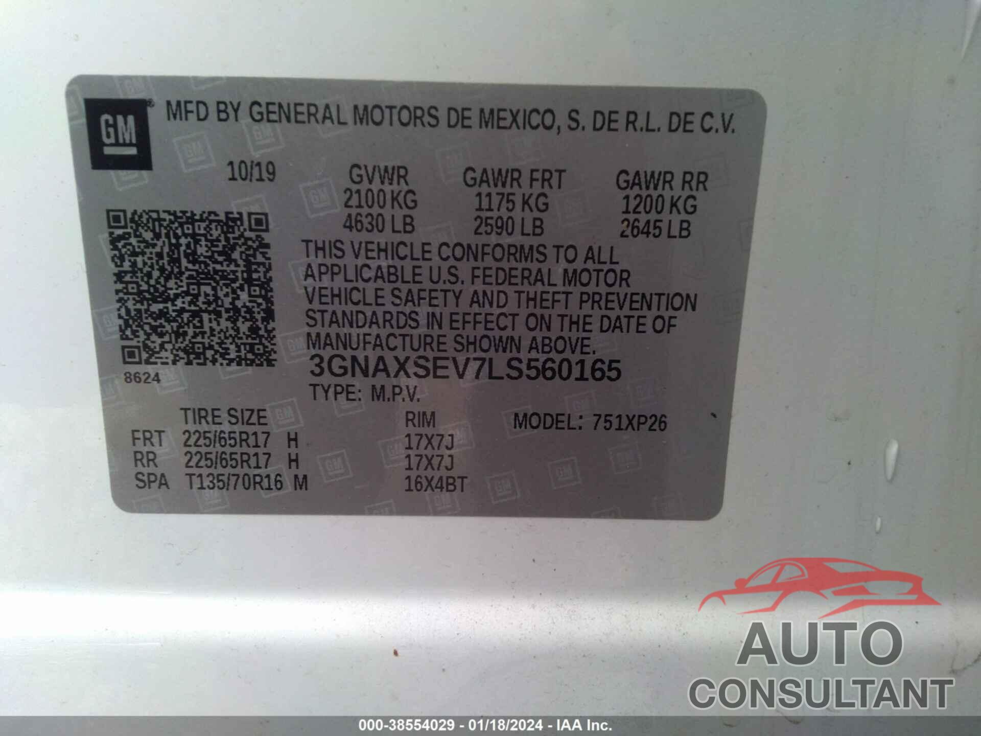 CHEVROLET EQUINOX 2020 - 3GNAXSEV7LS560165