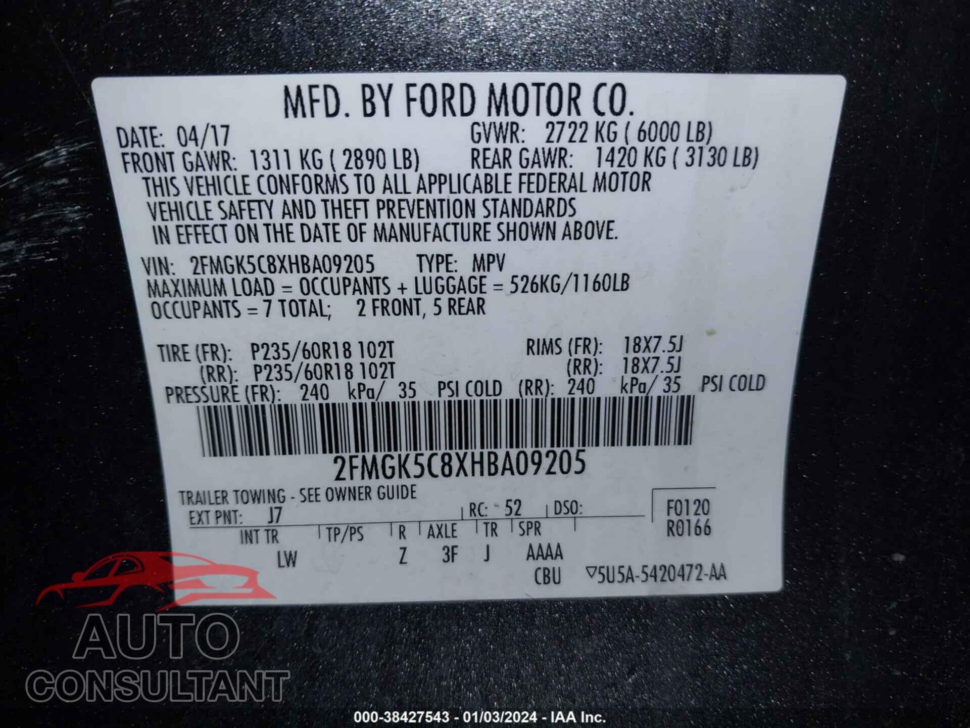 FORD FLEX 2017 - 2FMGK5C8XHBA09205