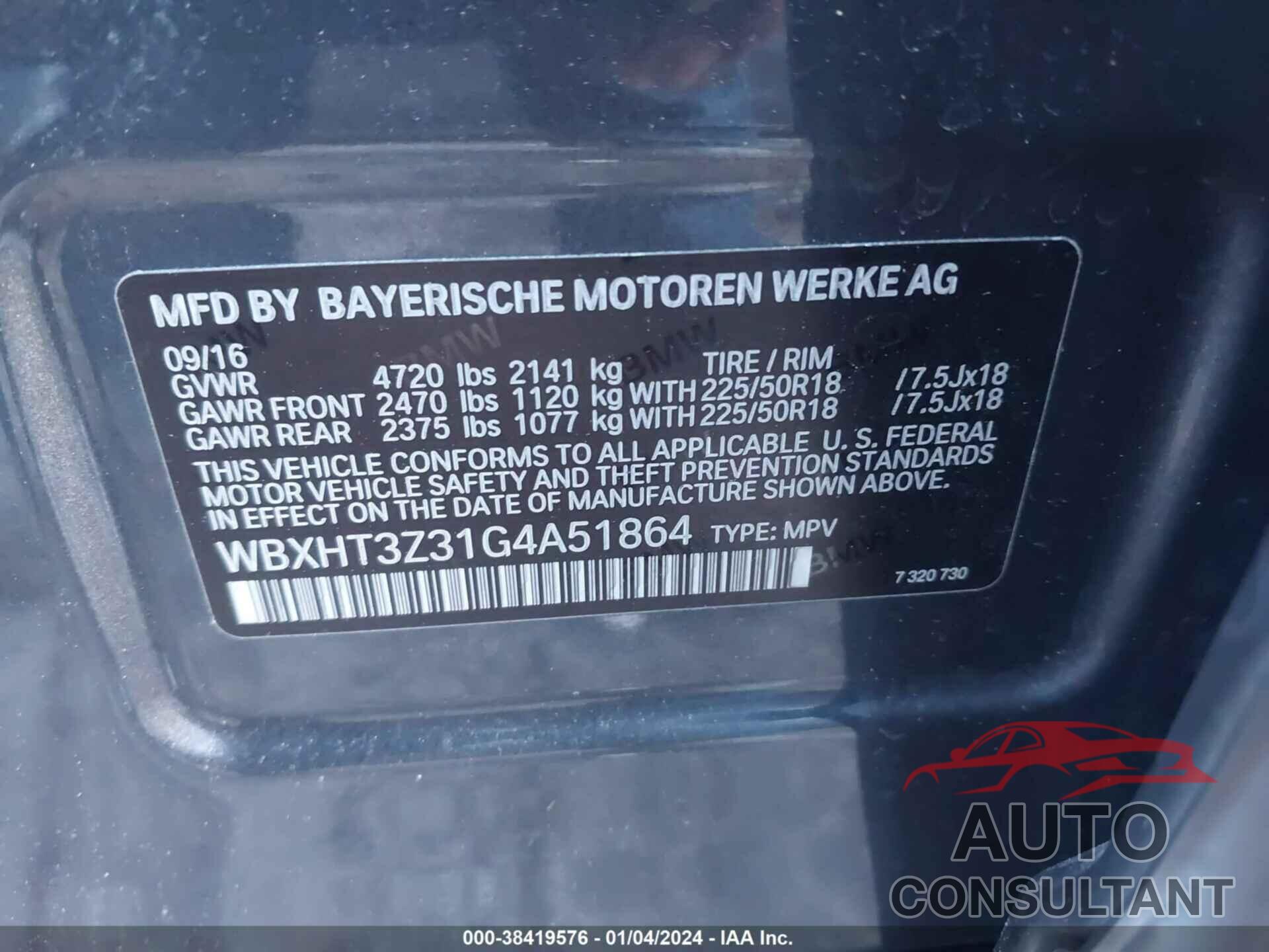 BMW X1 2016 - WBXHT3Z31G4A51864