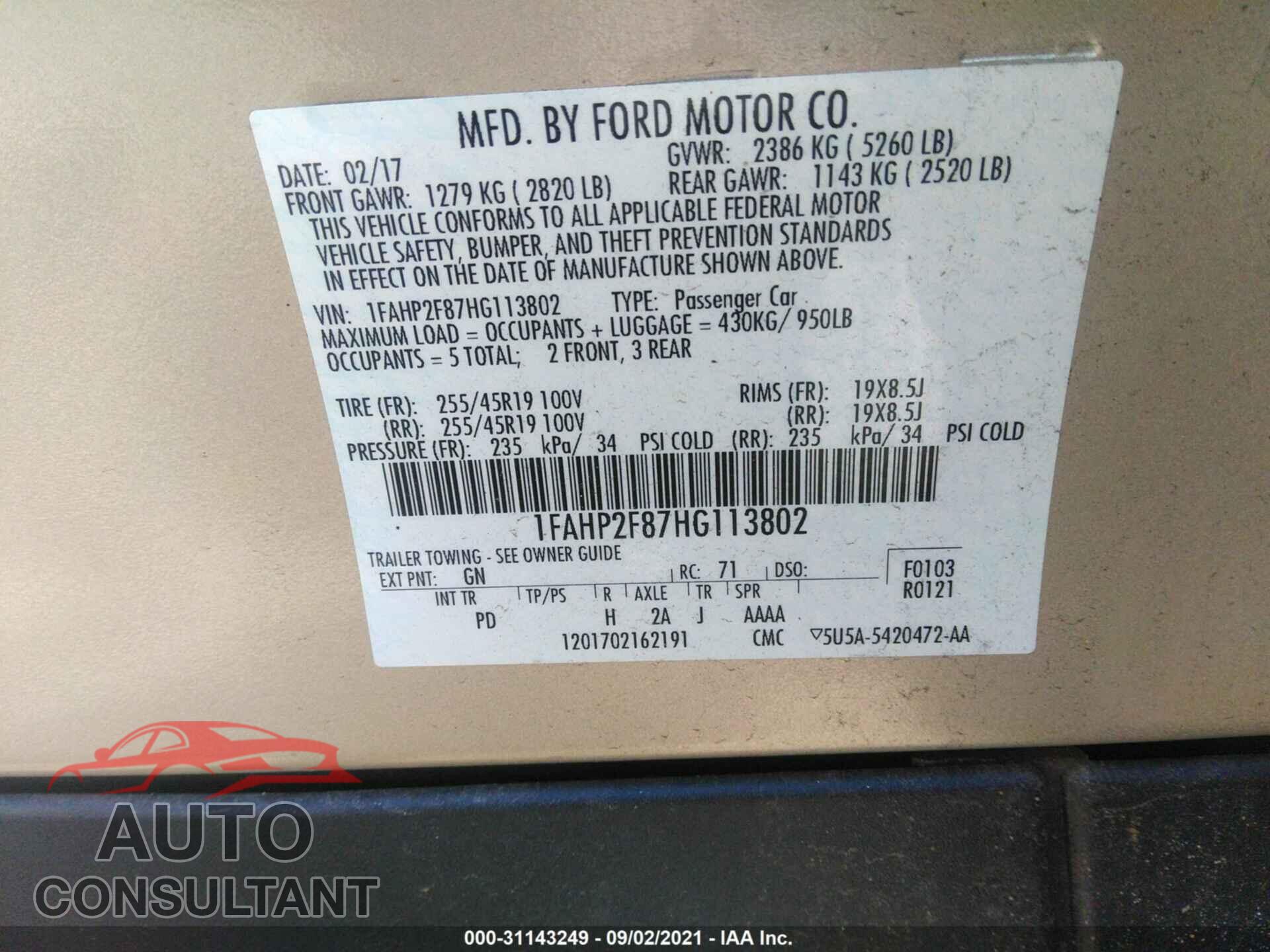FORD TAURUS 2017 - 1FAHP2F87HG113802