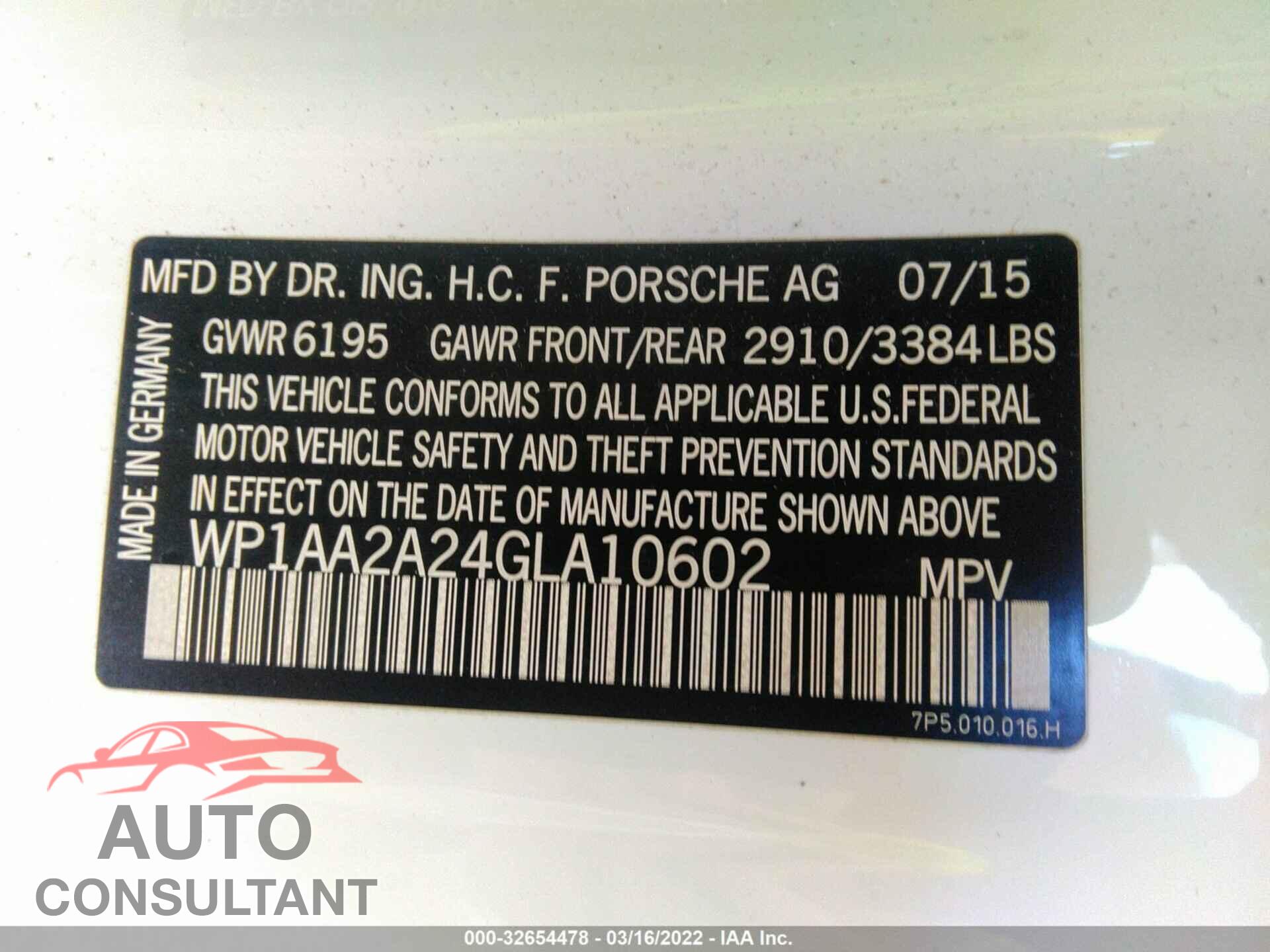 PORSCHE CAYENNE 2016 - WP1AA2A24GLA10602