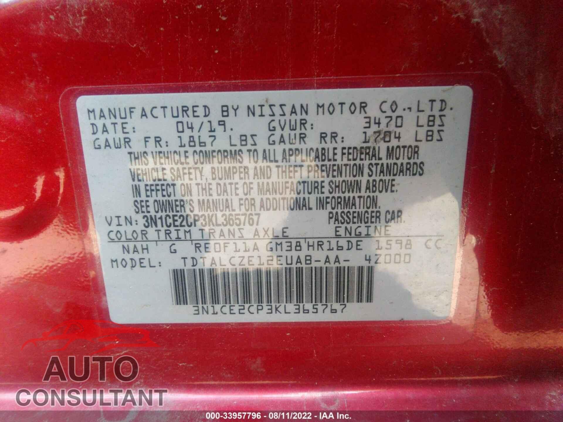 NISSAN VERSA NOTE 2019 - 3N1CE2CP3KL365767