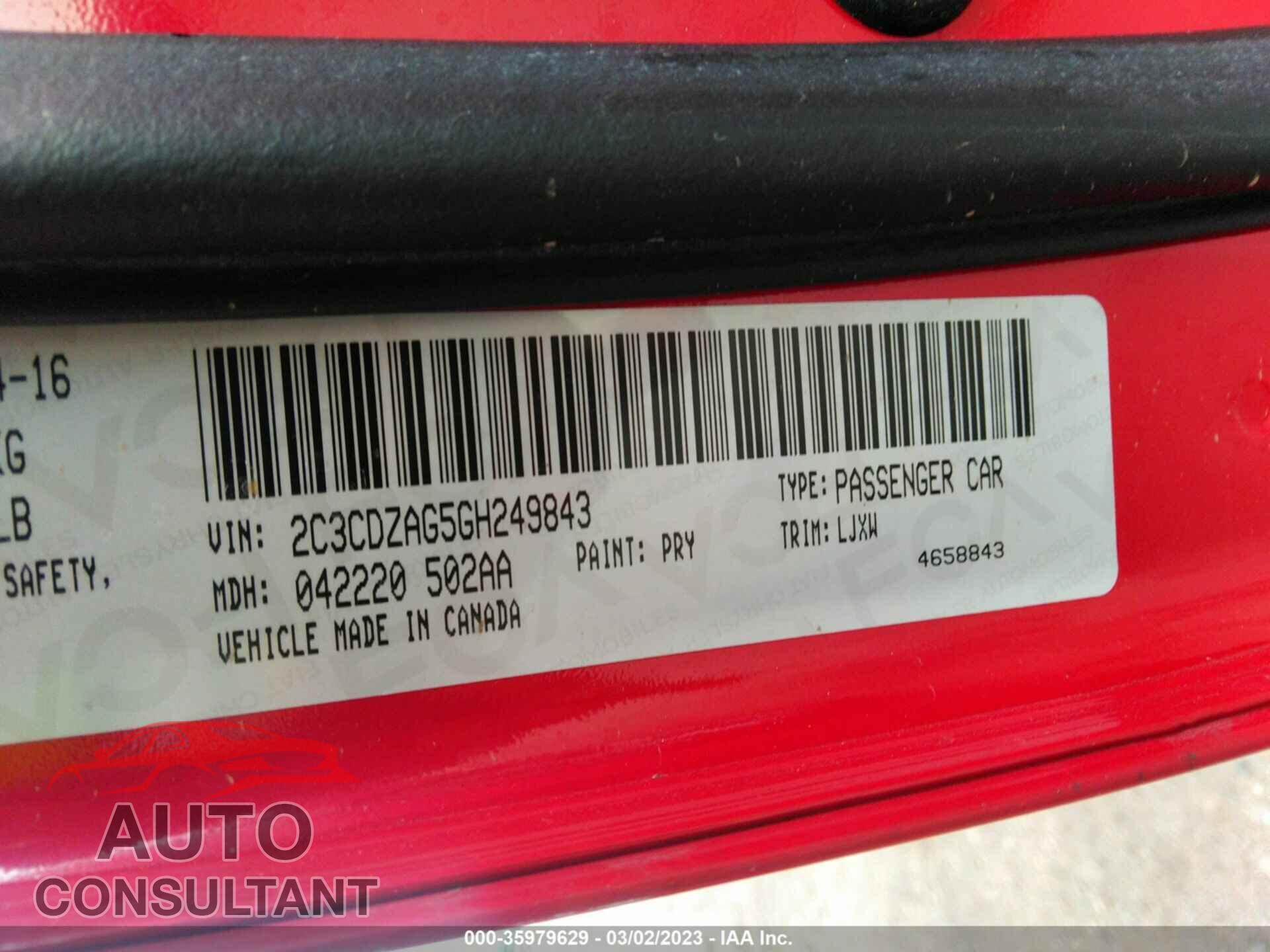 DODGE CHALLENGER 2016 - 2C3CDZAG5GH249843