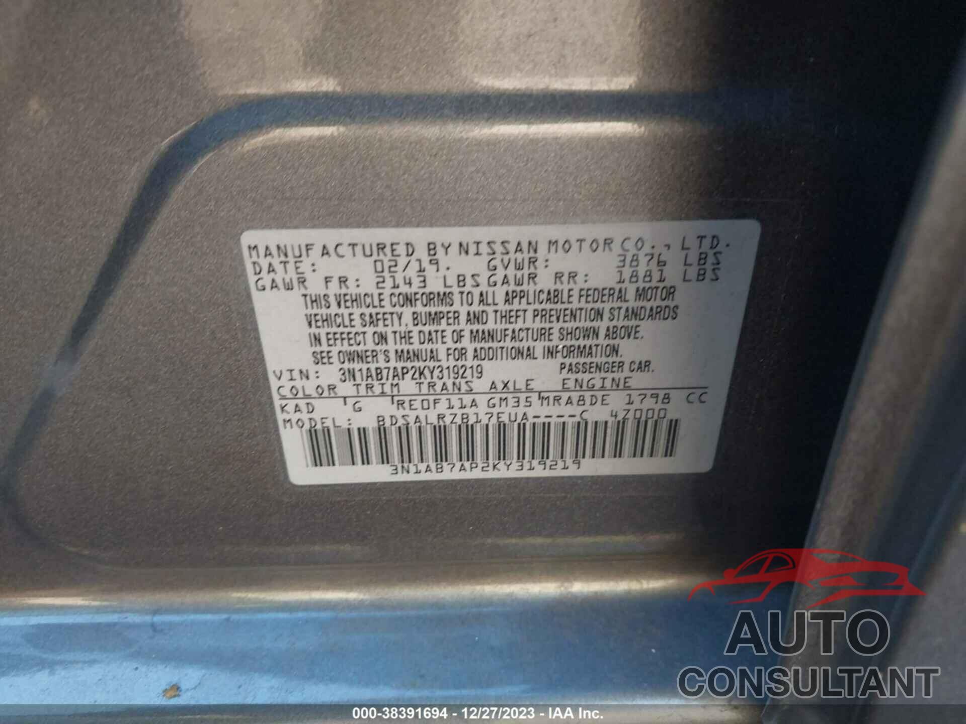 NISSAN SENTRA 2019 - 3N1AB7AP2KY319219