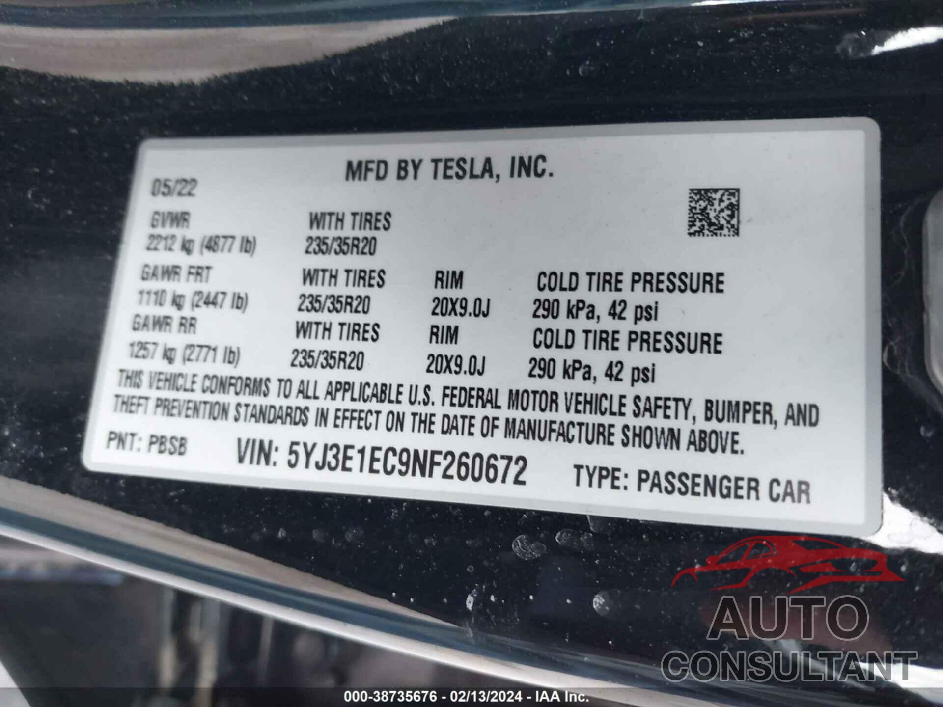 TESLA MODEL 3 2022 - 5YJ3E1EC9NF260672