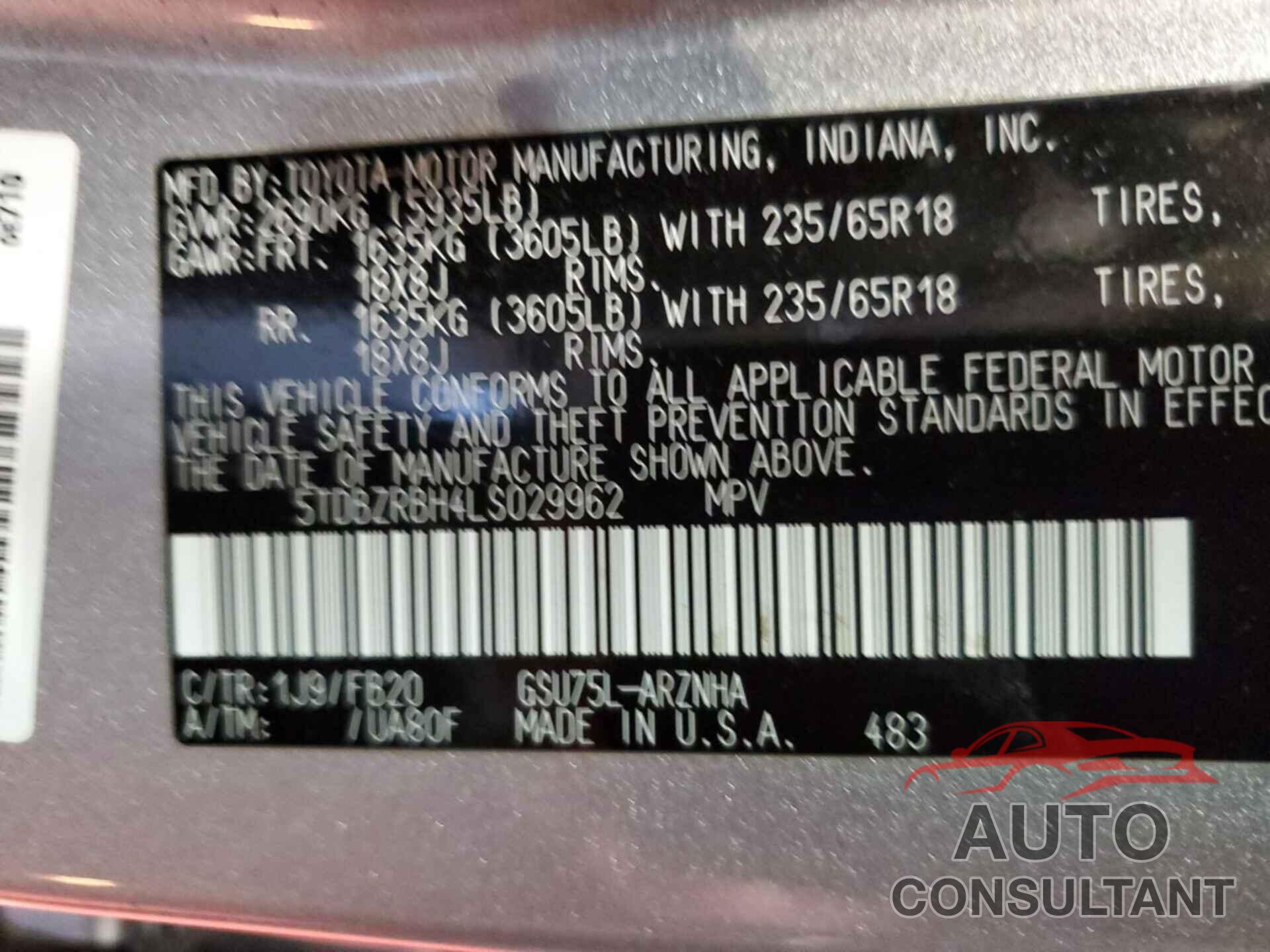 TOYOTA HIGHLANDER 2020 - 5TDBZRBH4LS029962