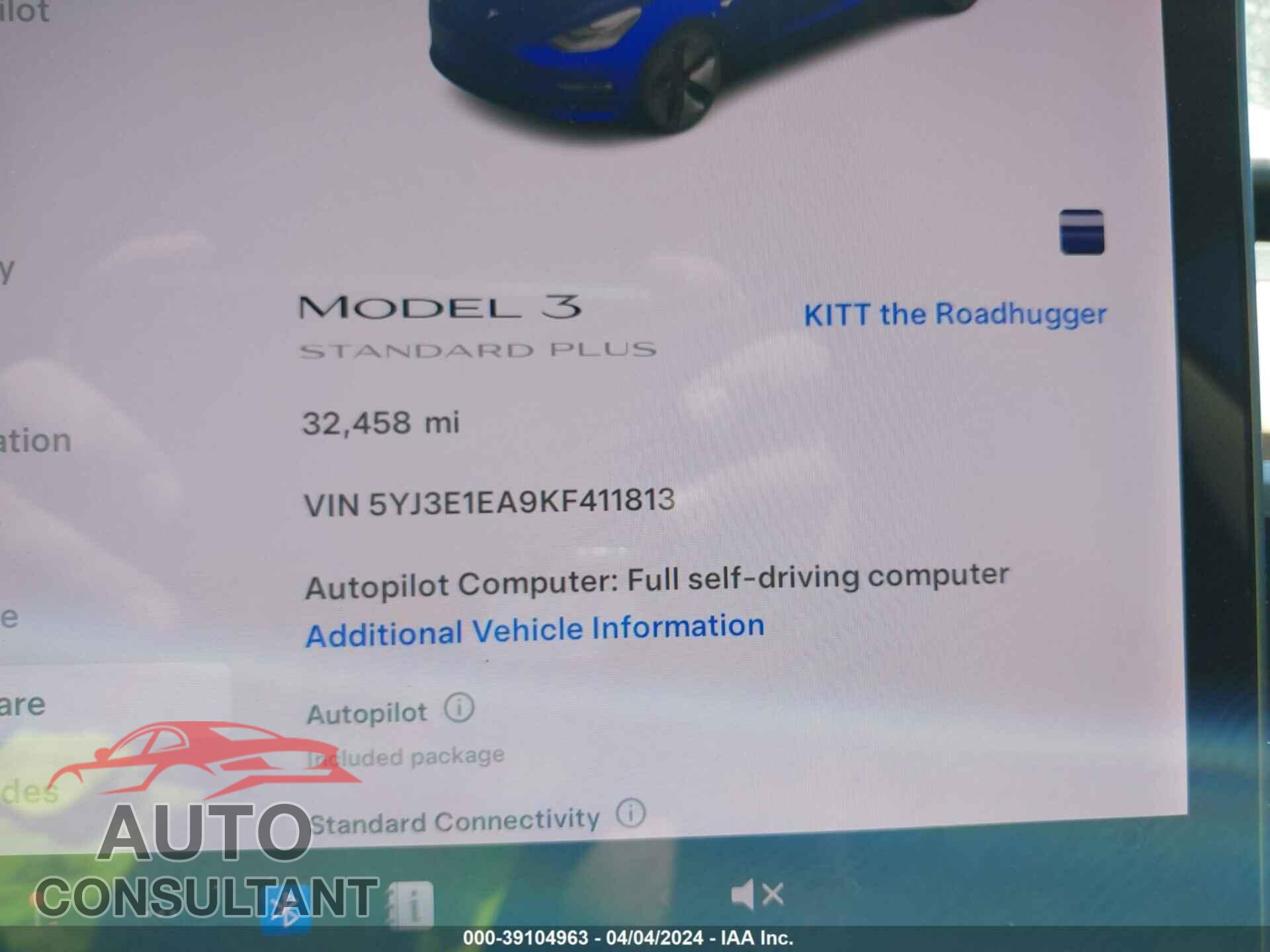 TESLA MODEL 3 2019 - 5YJ3E1EA9KF411813