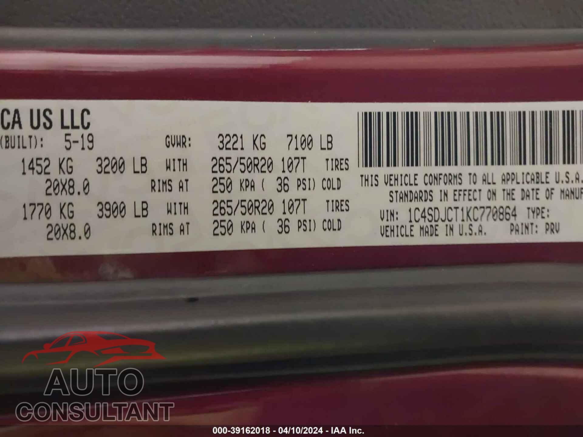 DODGE DURANGO 2019 - 1C4SDJCT1KC770864