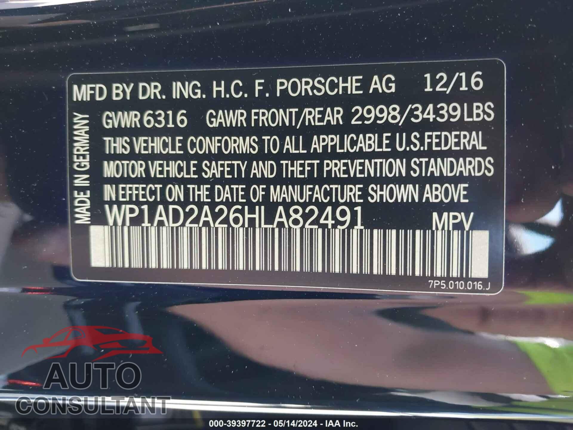 PORSCHE CAYENNE 2017 - WP1AD2A26HLA82491