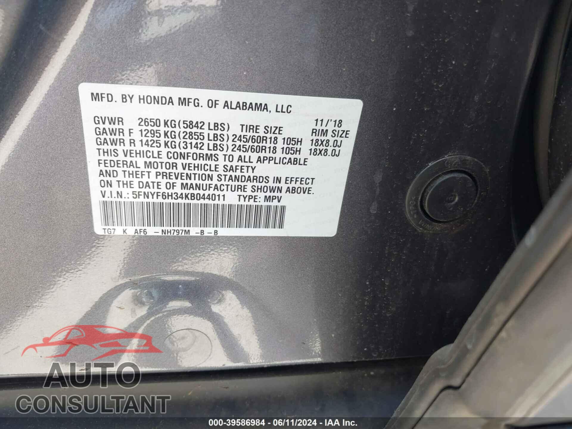 HONDA PILOT 2019 - 5FNYF6H34KB044011