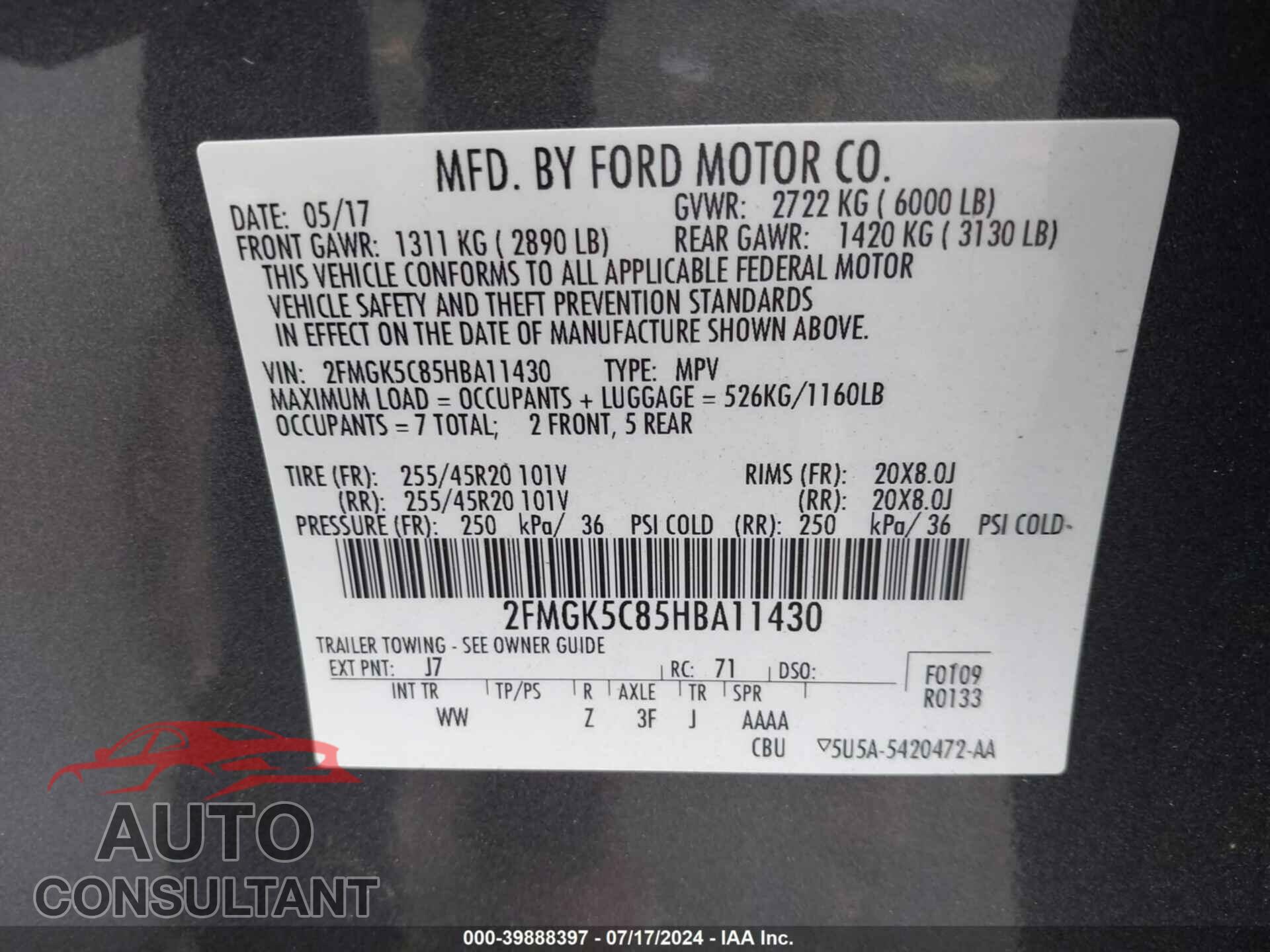 FORD FLEX 2017 - 2FMGK5C85HBA11430