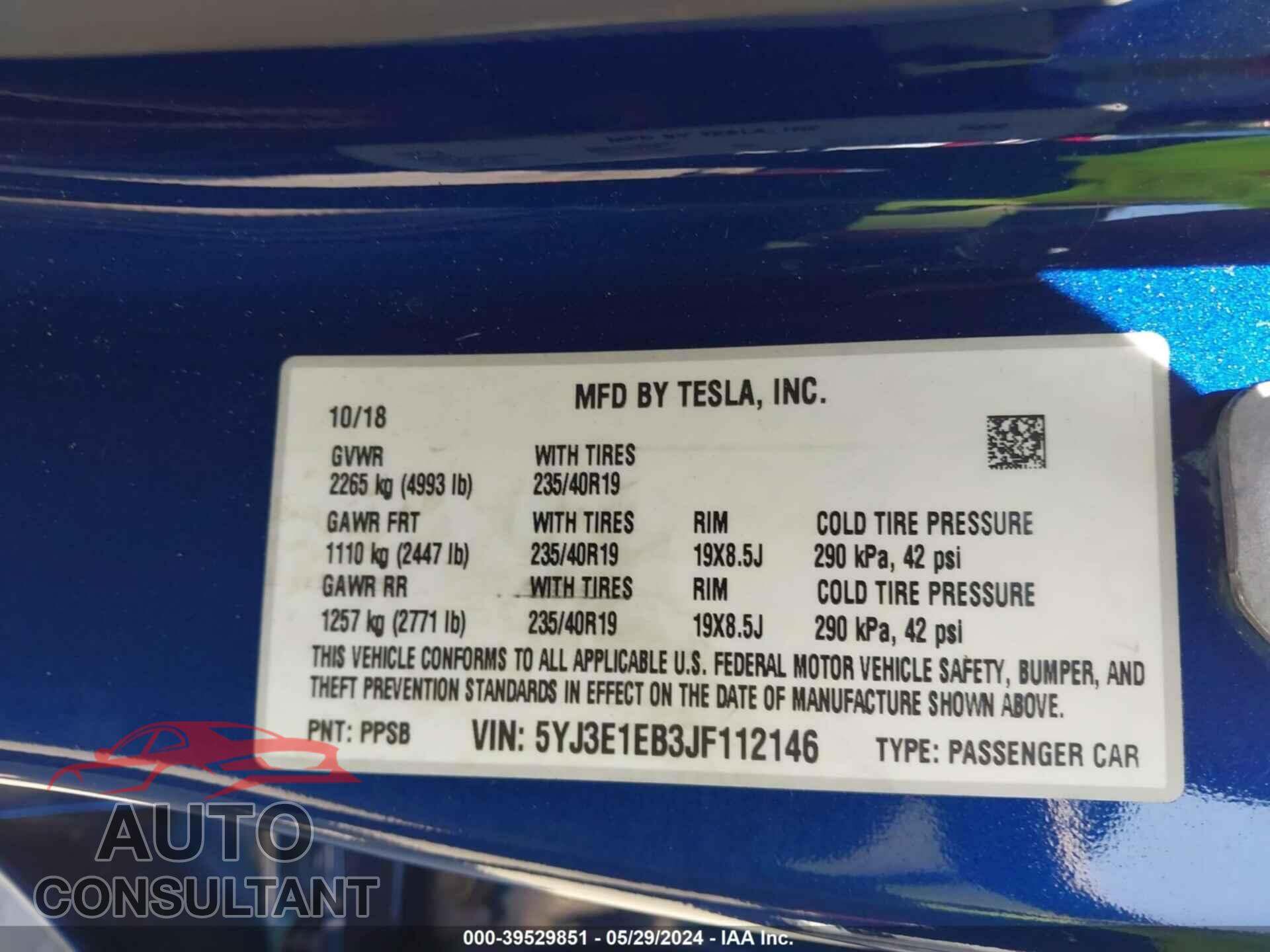 TESLA MODEL 3 2018 - 5YJ3E1EB3JF112146
